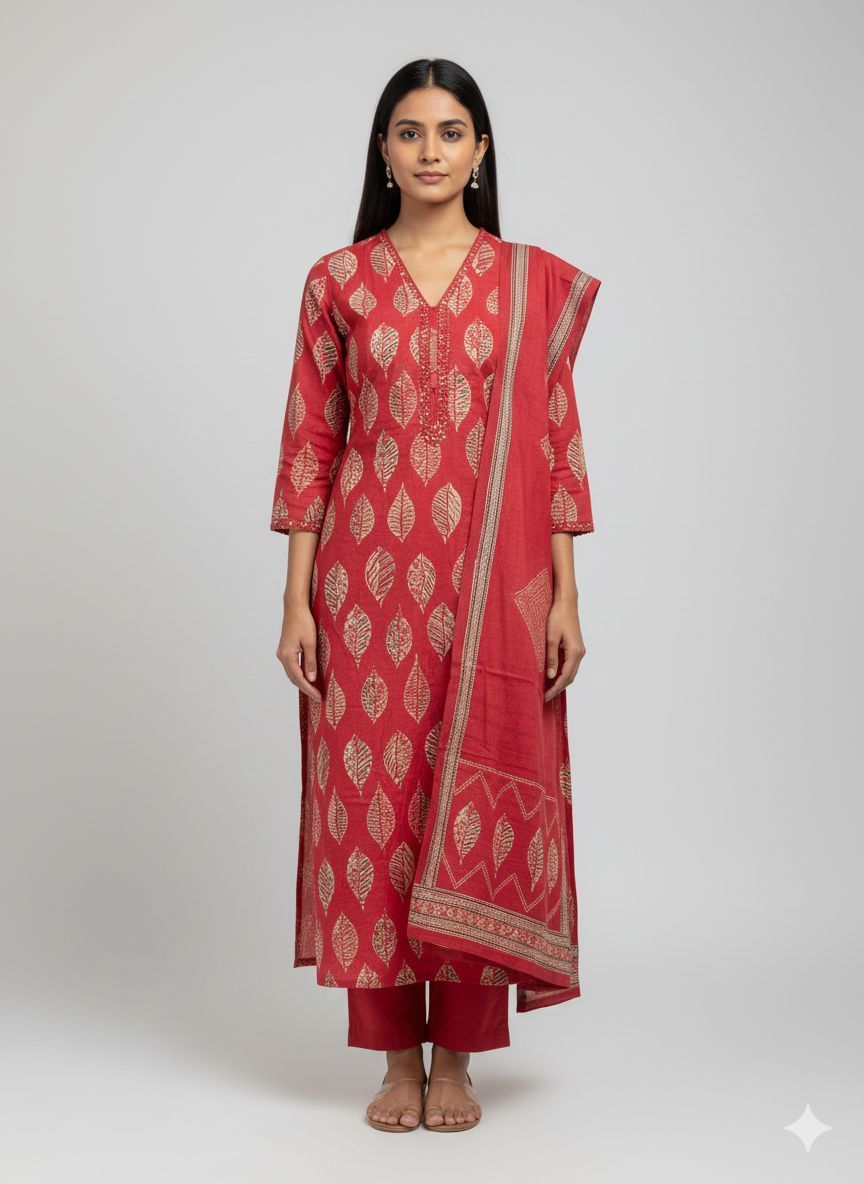 Shree Shanti Selection - Red Leaf Printed Straight Kurta Set