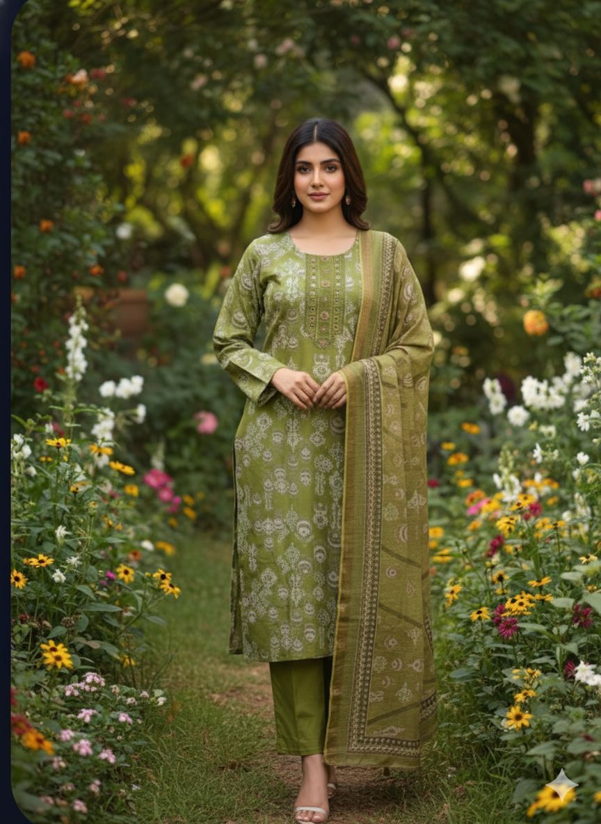 Shree Shanti Selection - Olive Green Printed Straight-Cut Suit