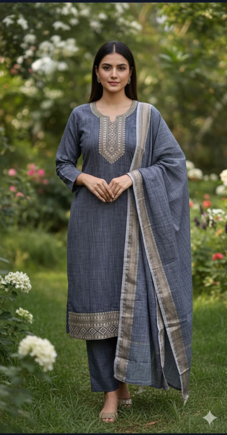 Shree Shanti Selection - Blue Embroidered Straight-Cut Suit Set