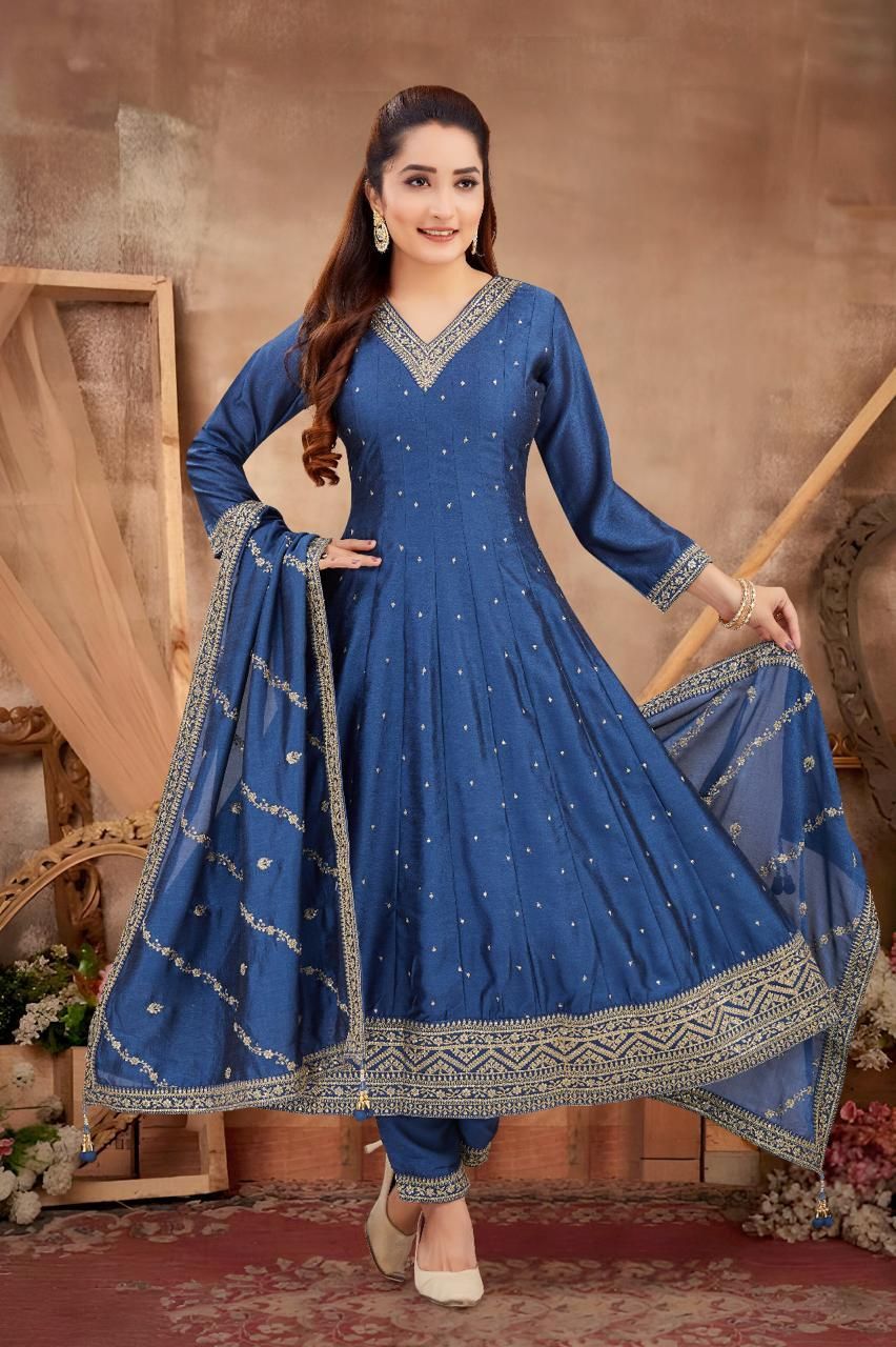 Shree Shanti Selection - Blue Anarkali Set with Dupatta for Women