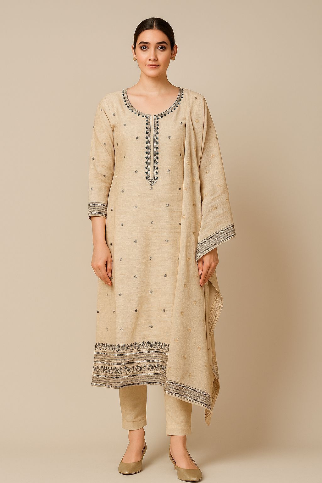 Shree Shanti Selection - Women's Beige Straight Cut Suit Set