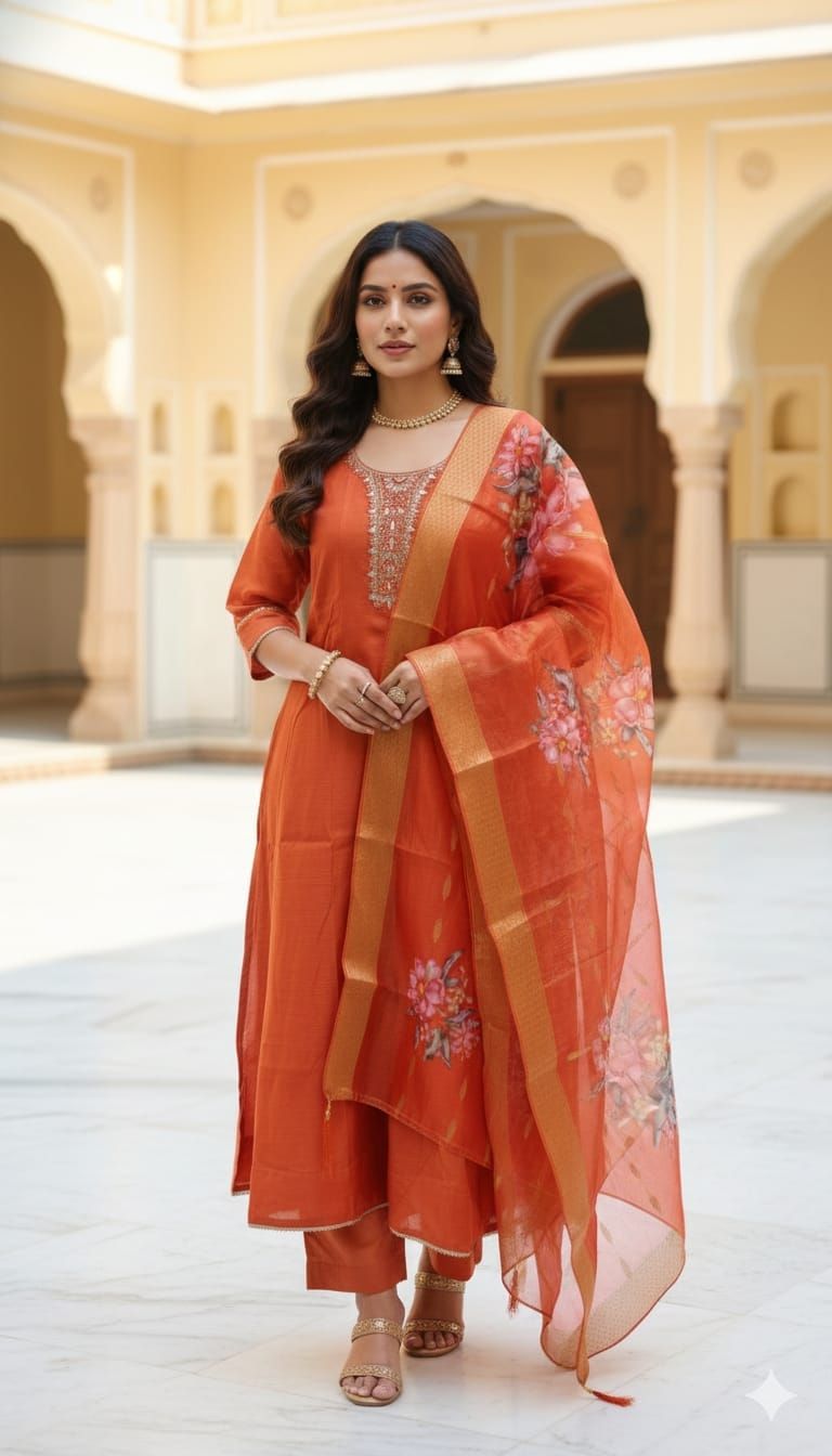 Shree Shanti Selection - Rust Orange Floral Printed Silk Kurta Set with Dupatta