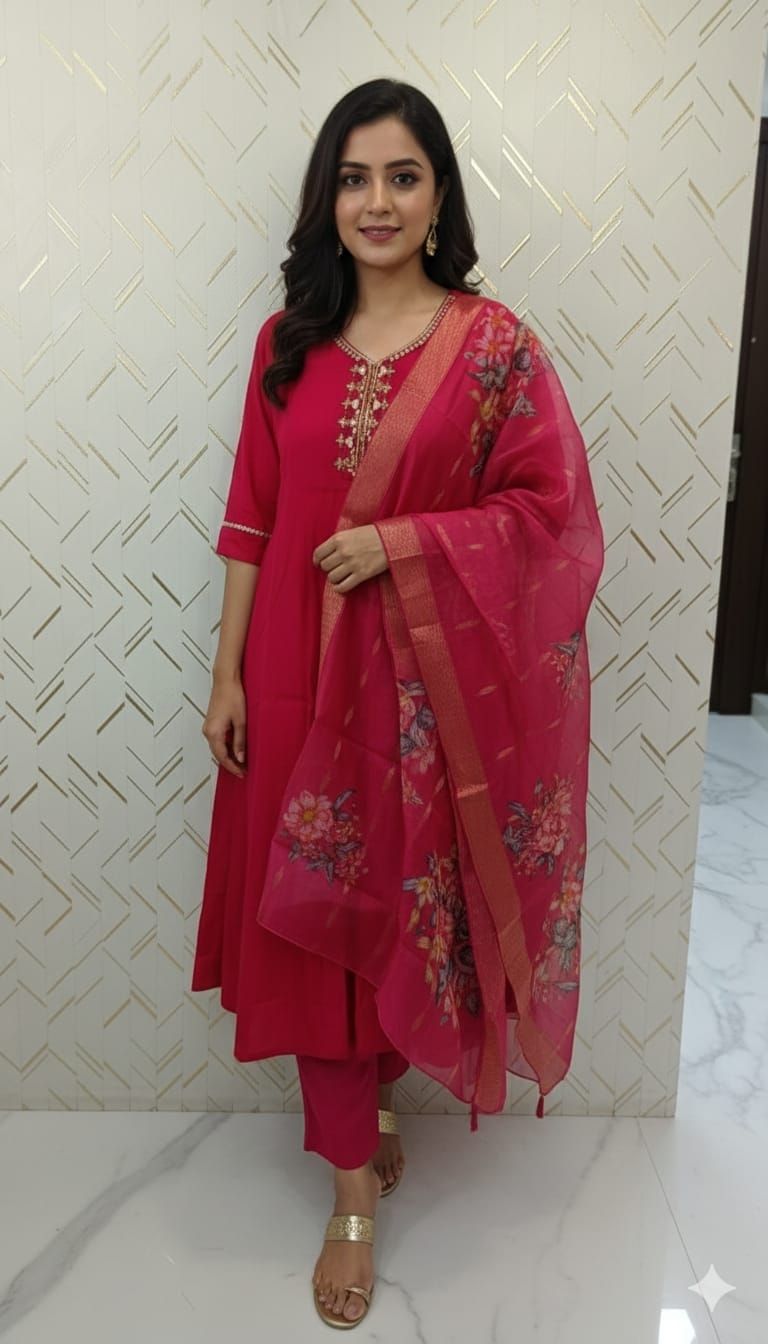 Magenta Pink Embroidered Kurta Set with Floral Printed Dupatta