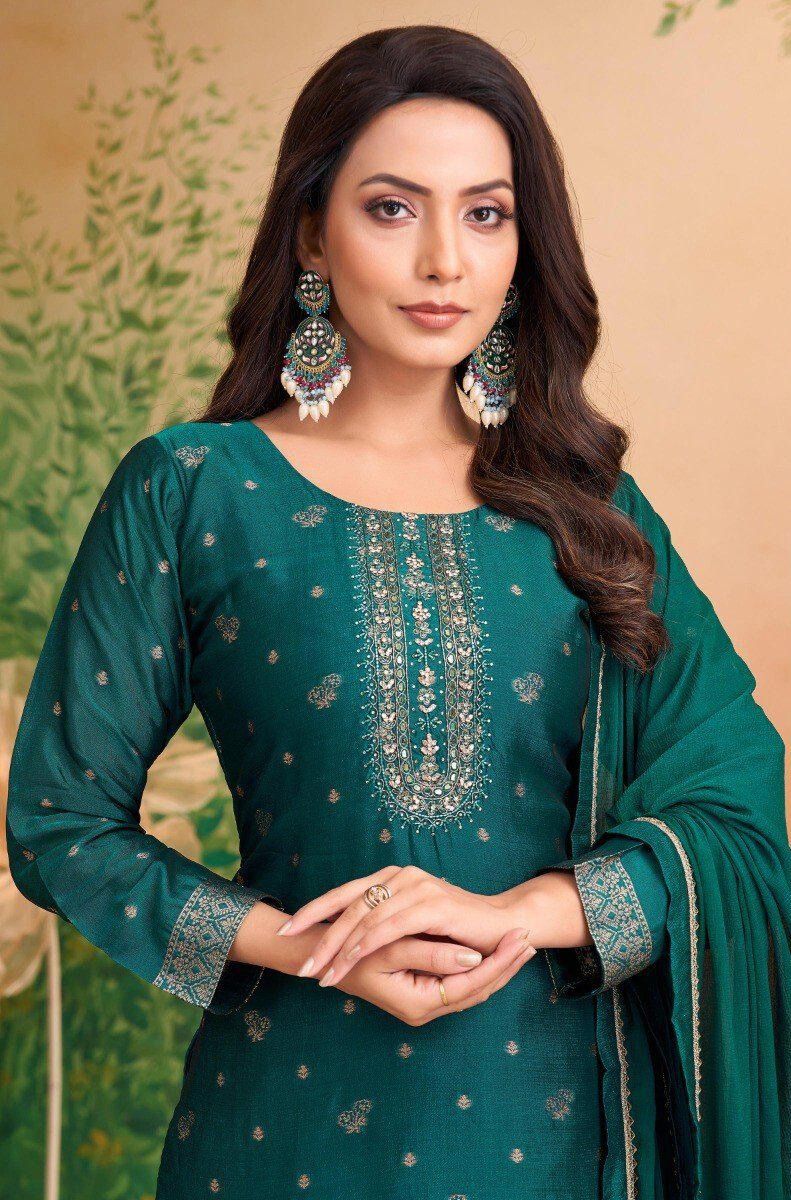 Shree Shanti Selection - Green Embroidered Straight Cut Suit with Dupatta for Women