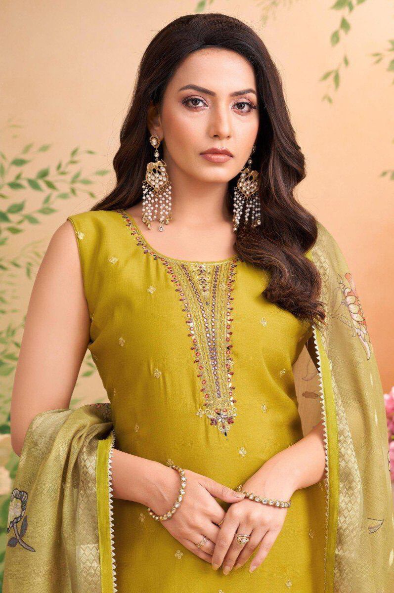 Shree Shanti Selection - Olive Green Embroidered Straight Cut Suit with Floral Dupatta for Women