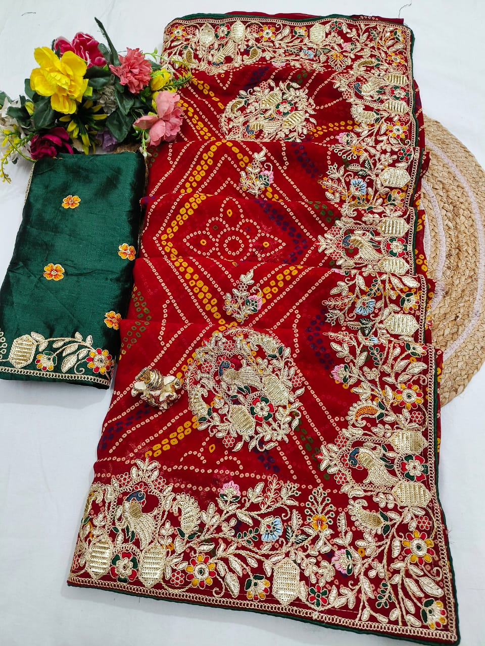 Shubh Sarees - Bandhani Embroidered Georgette Saree