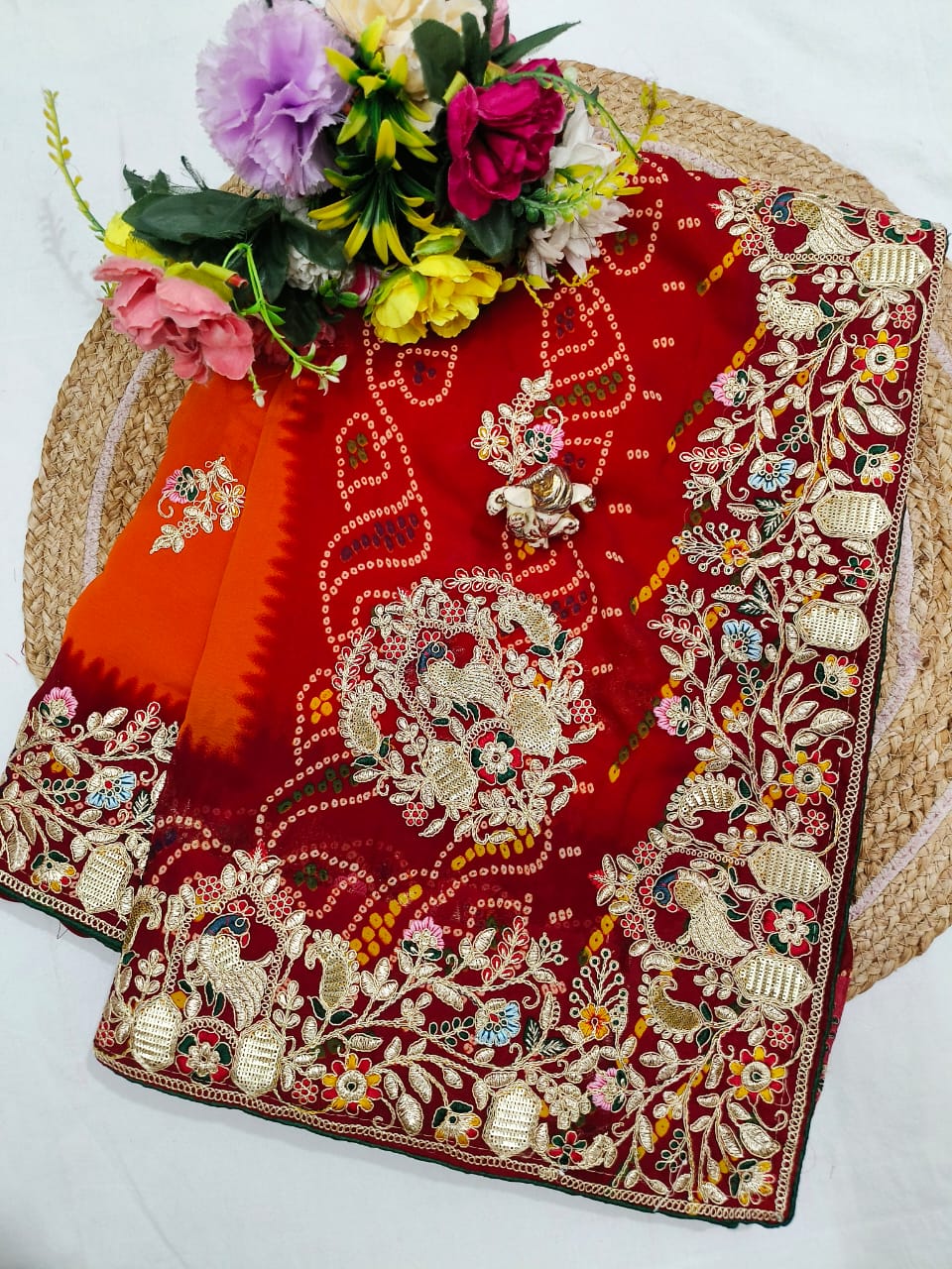 Shubh Sarees - Bandhani Embroidered Georgette Saree