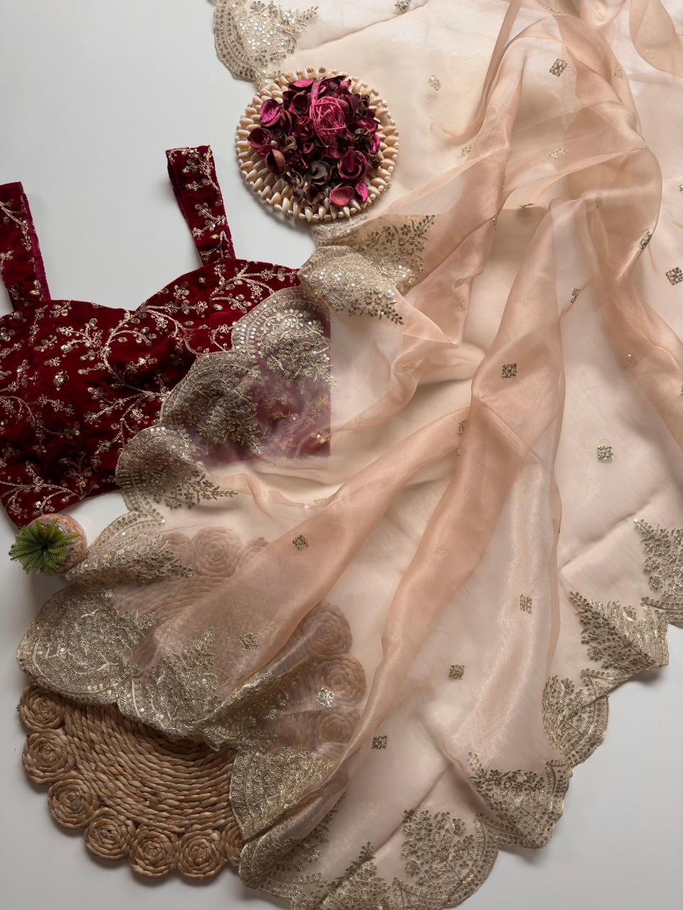 Shubh Sarees - Zari Sequence Organza Saree