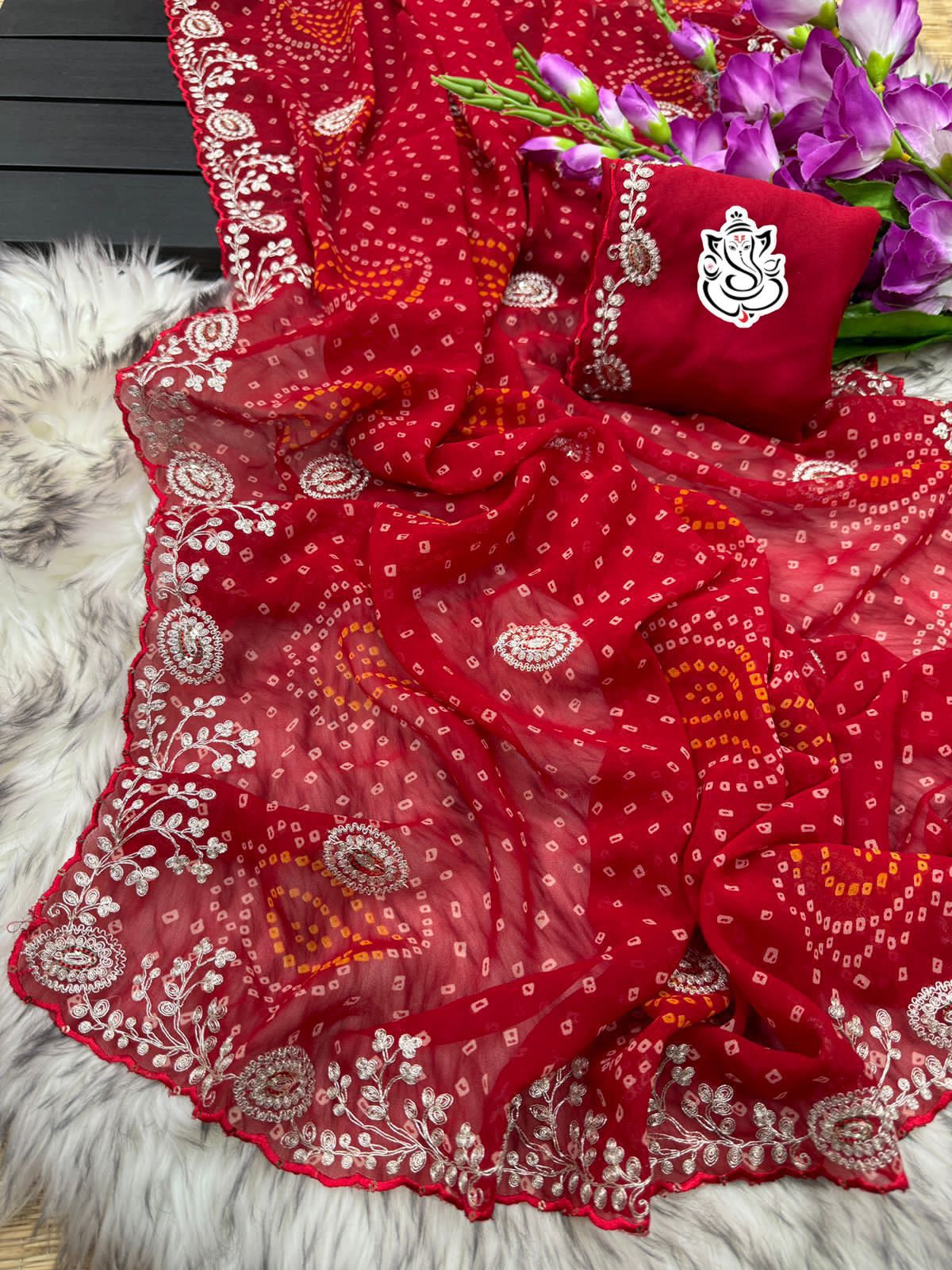 Shubh Sarees - Georgette Bandhej Zari Saree