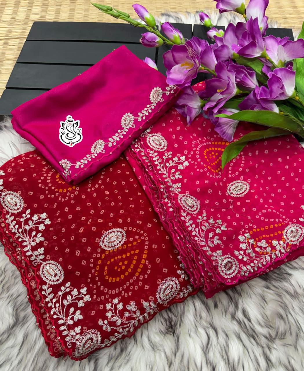 Shubh Sarees - Georgette Bandhej Zari Saree