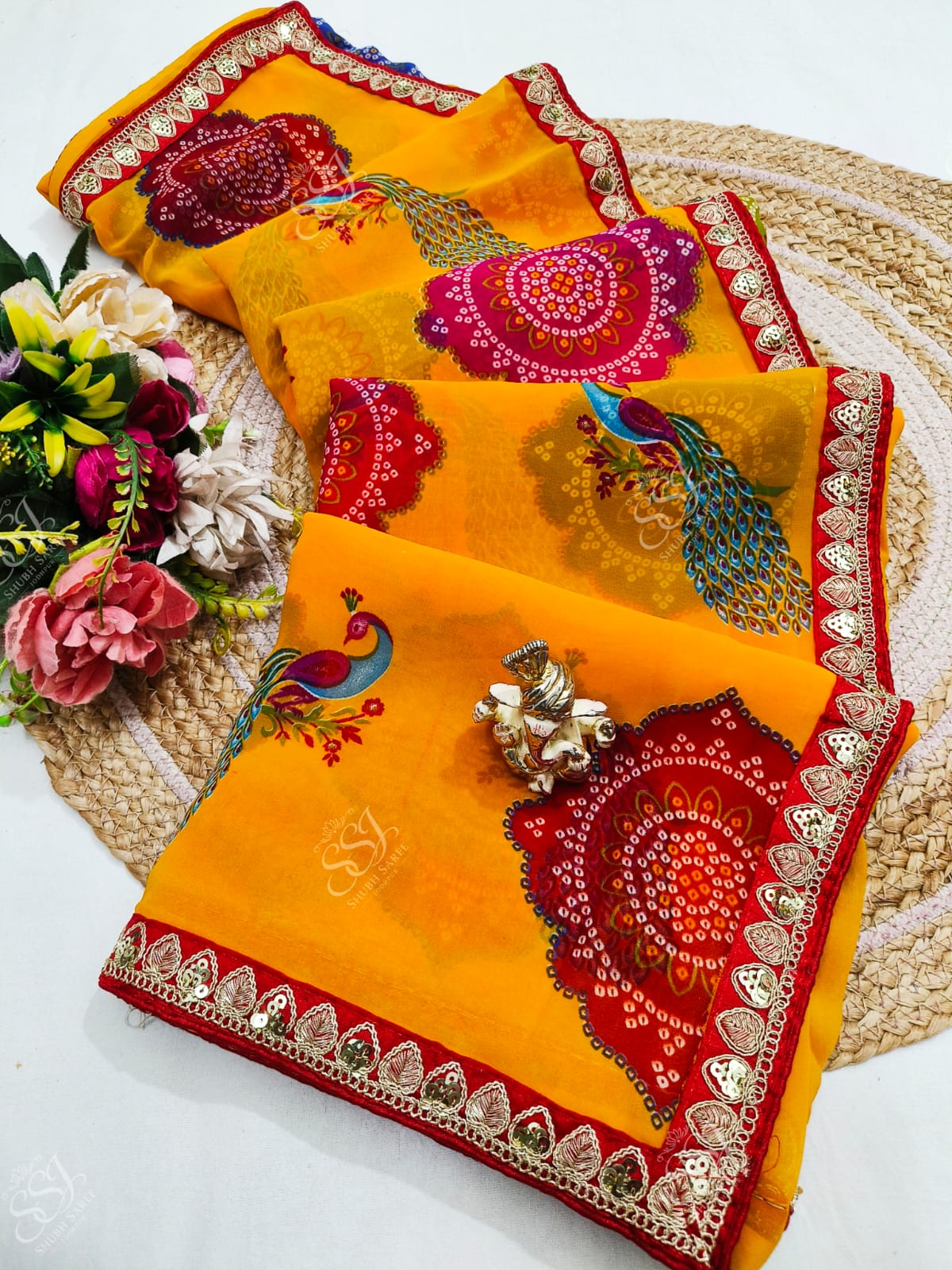 Shubh Sarees - Georgette Bandhani Lace Saree