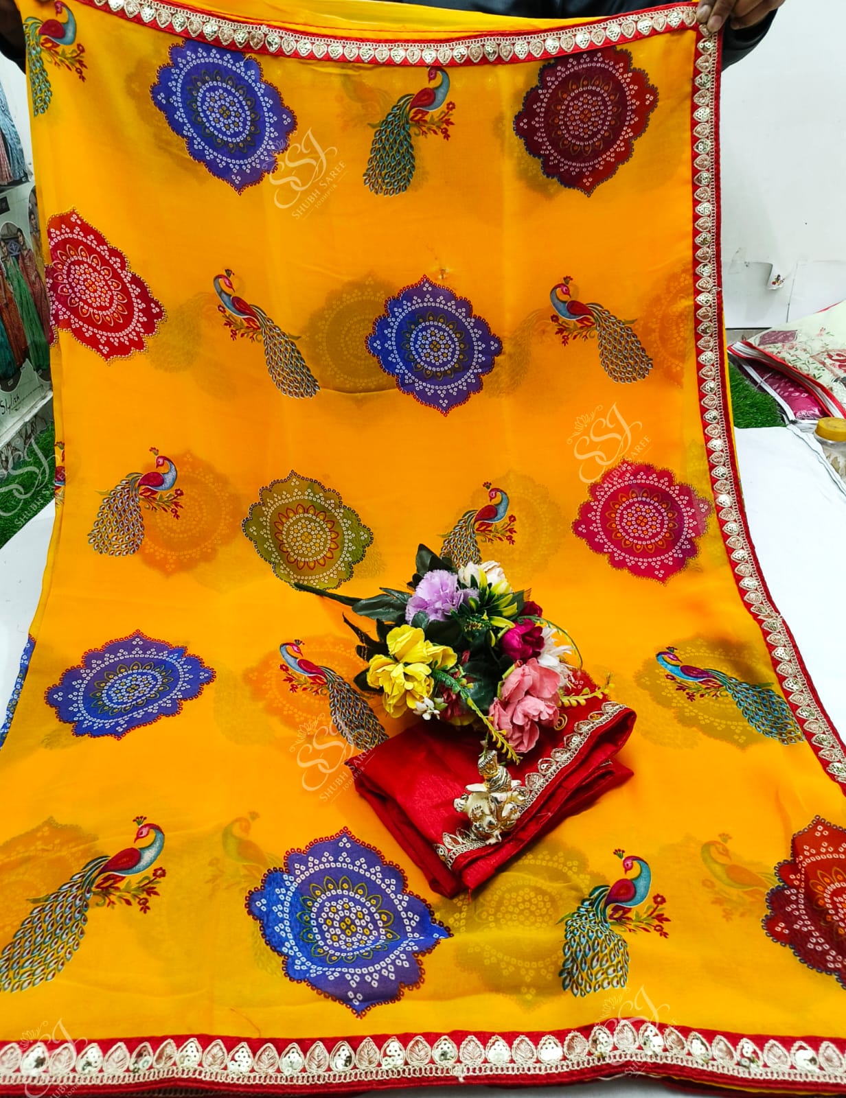 Shubh Sarees - Georgette Bandhani Lace Saree