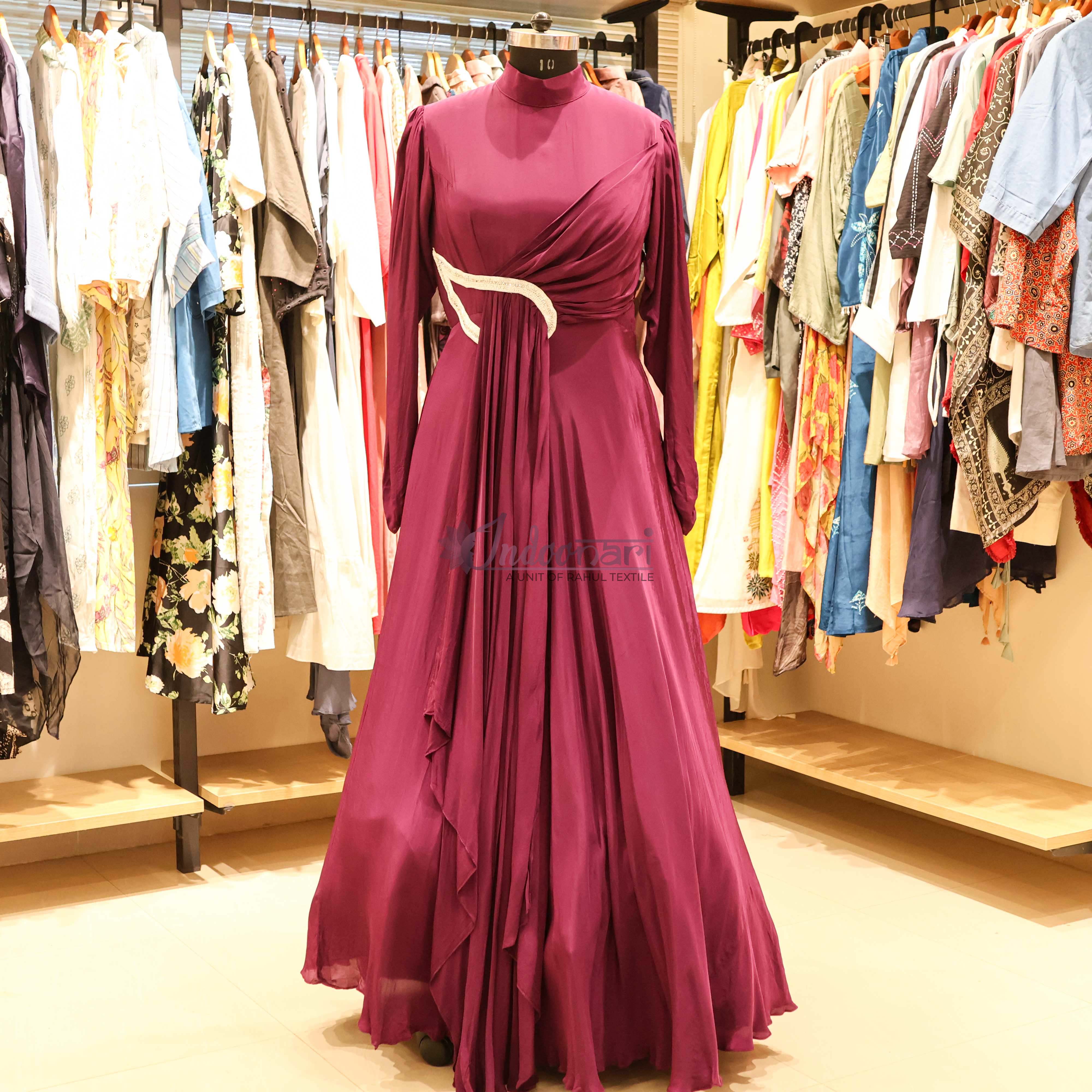StyleNest - Evening Wear Draped Satin Gown – Magenta