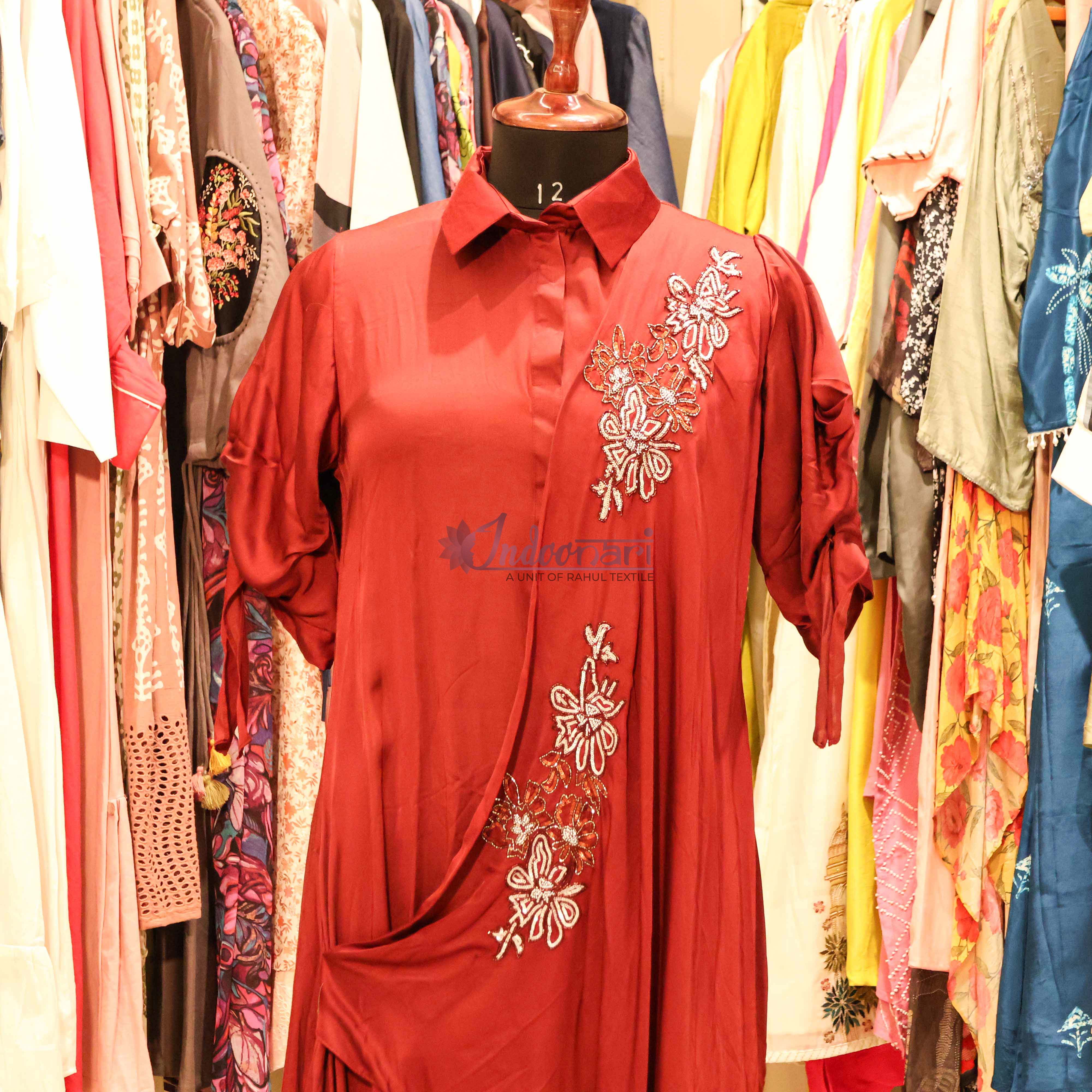 StyleNest - Festive Wear Embroidered High-Low Tunic – Red
