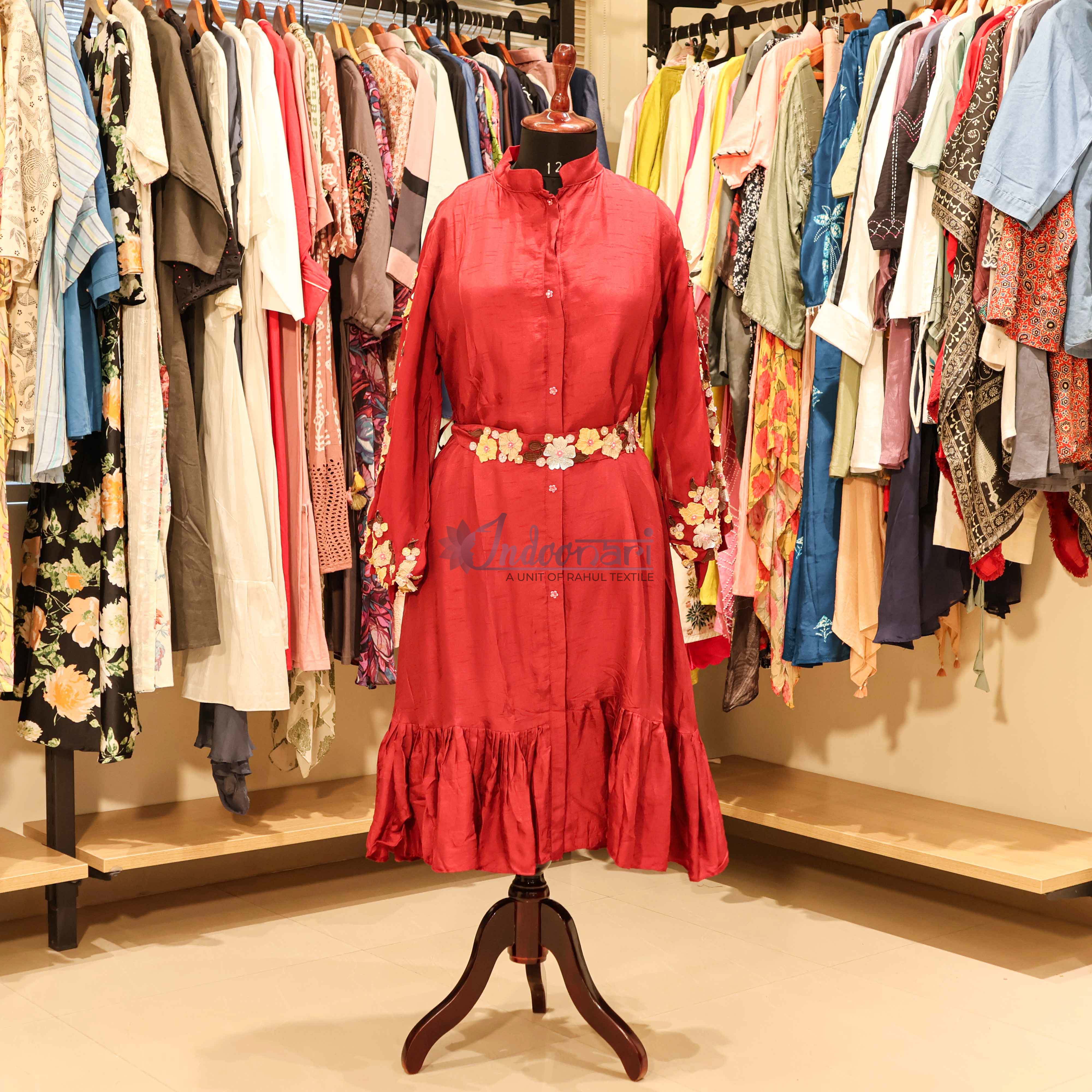 StyleNest - Party Wear Knee-Length Dress with Floral Belt – Red