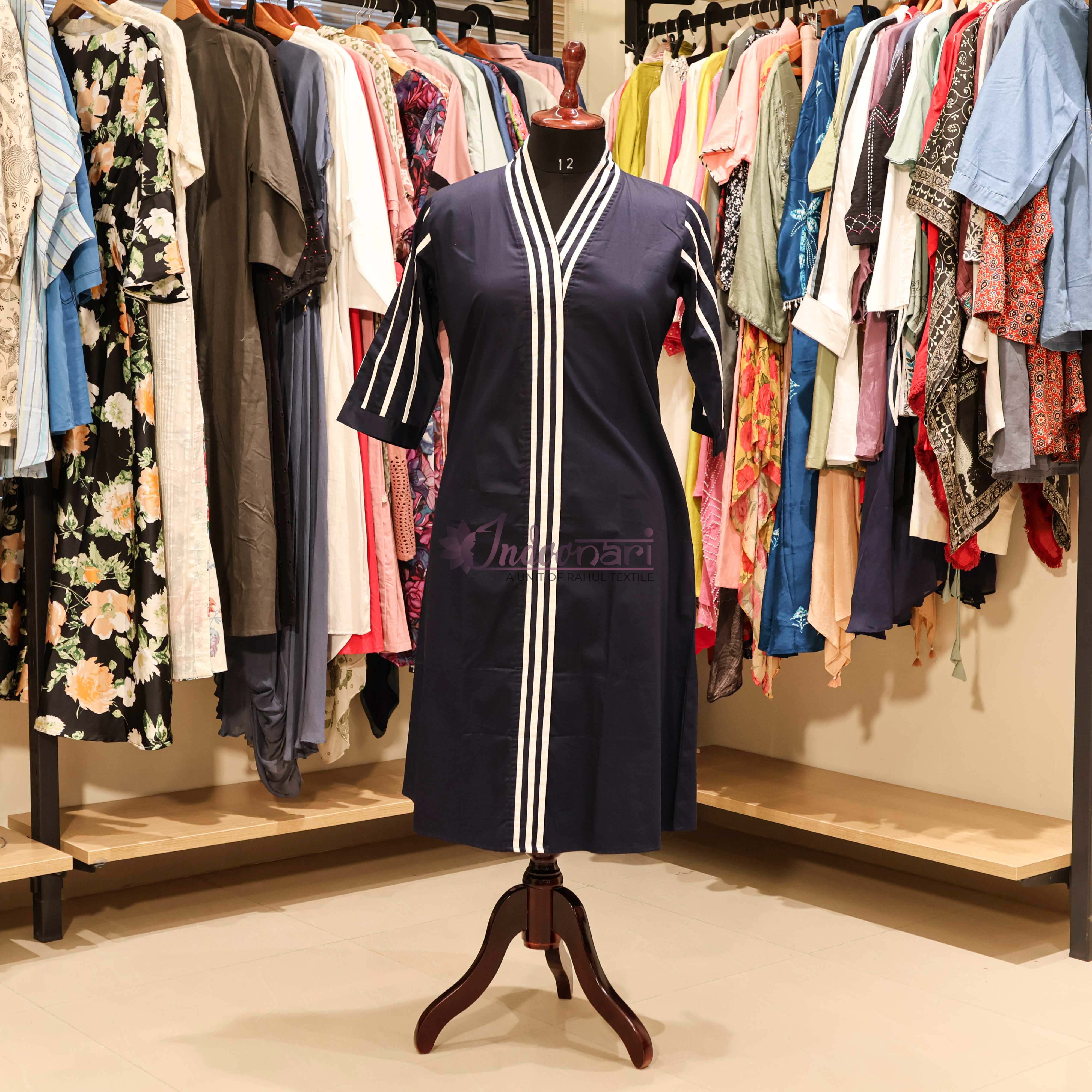 StyleNest - Casual Wear Striped Knee-Length Dress – Navy