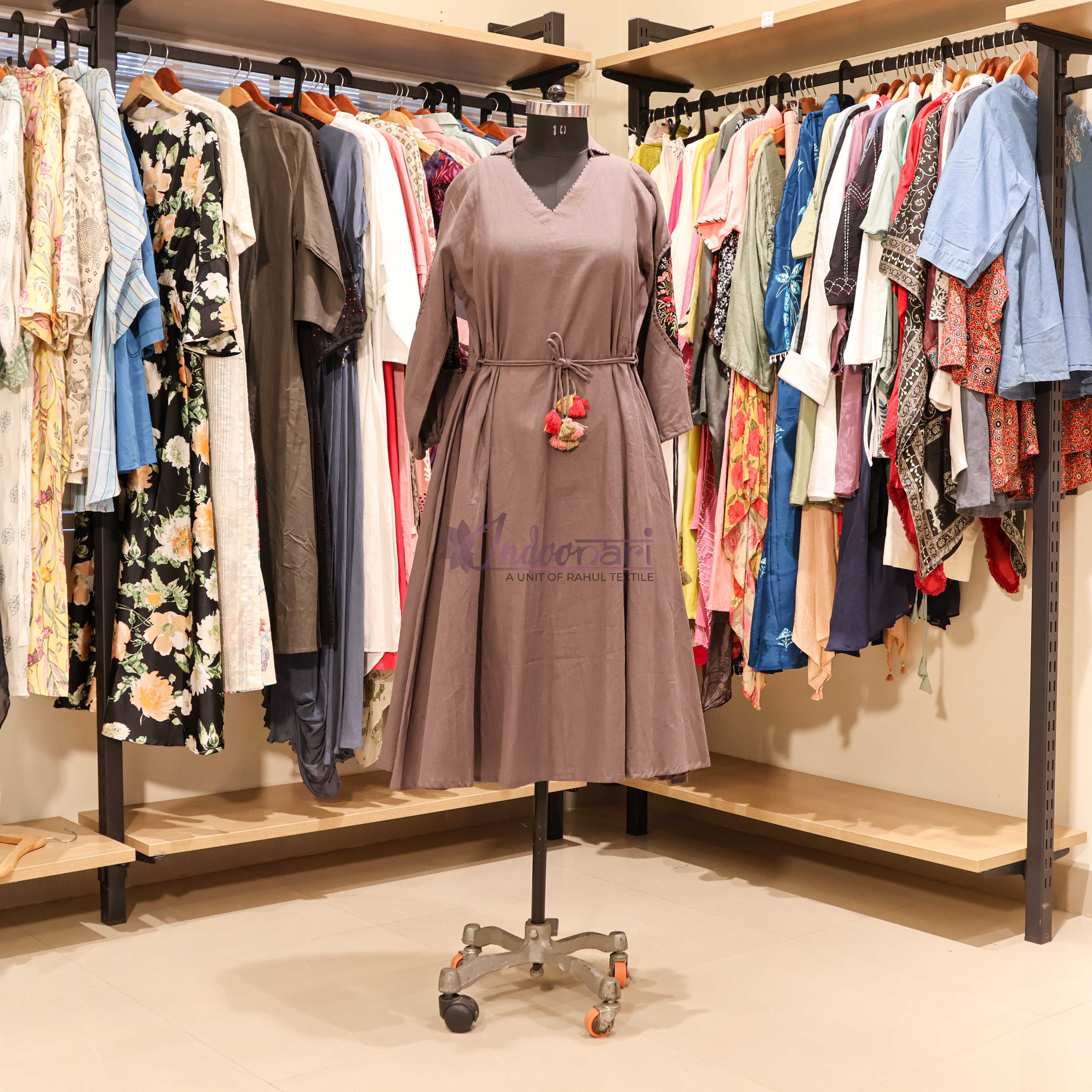 StyleNest - Casual Wear Belted Dress with Pom-Pom Trim – Taupe