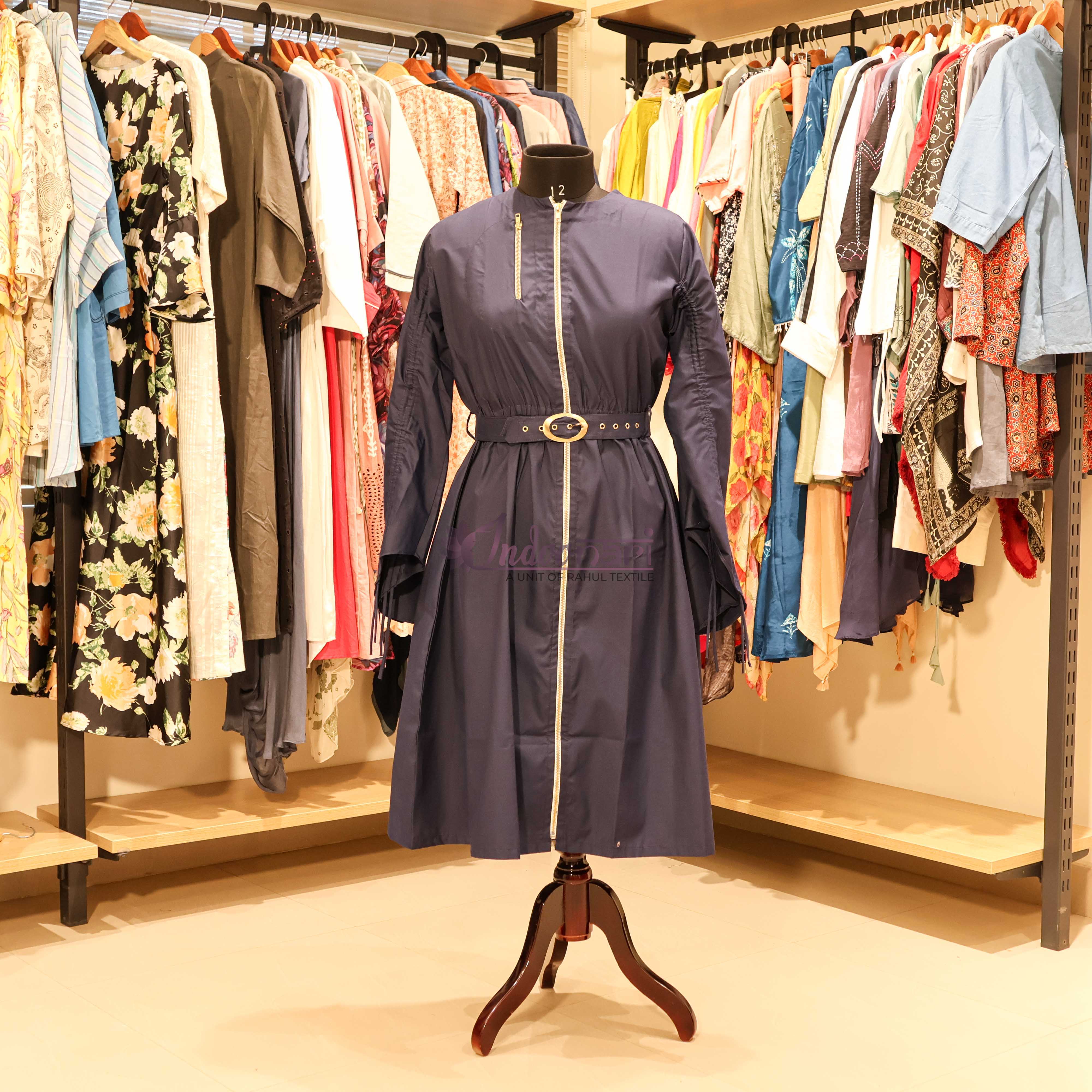 StyleNest - Casual Wear Zip-Front Flared Dress – Navy