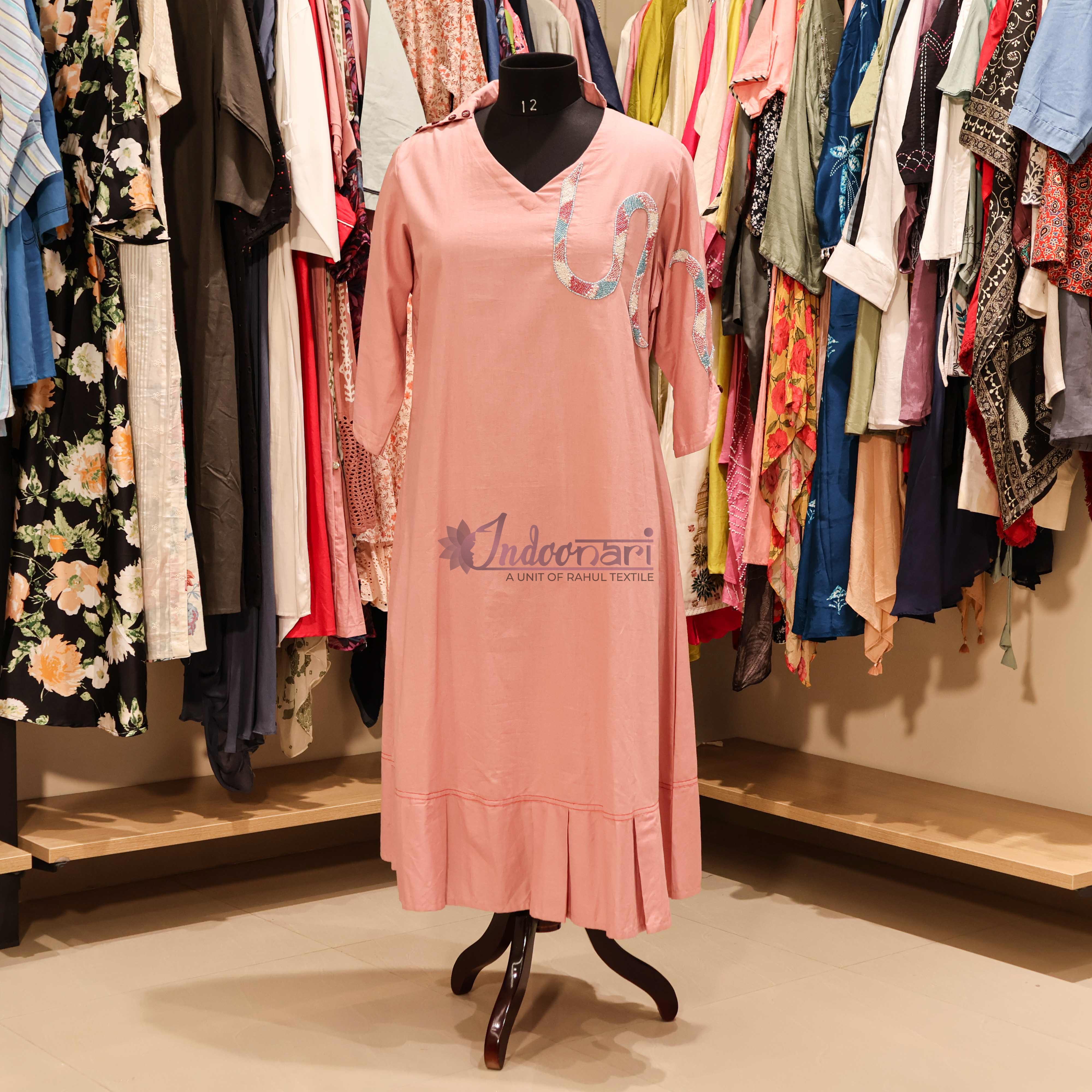 StyleNest - Party Wear Embroidered Flared Dress – Peach