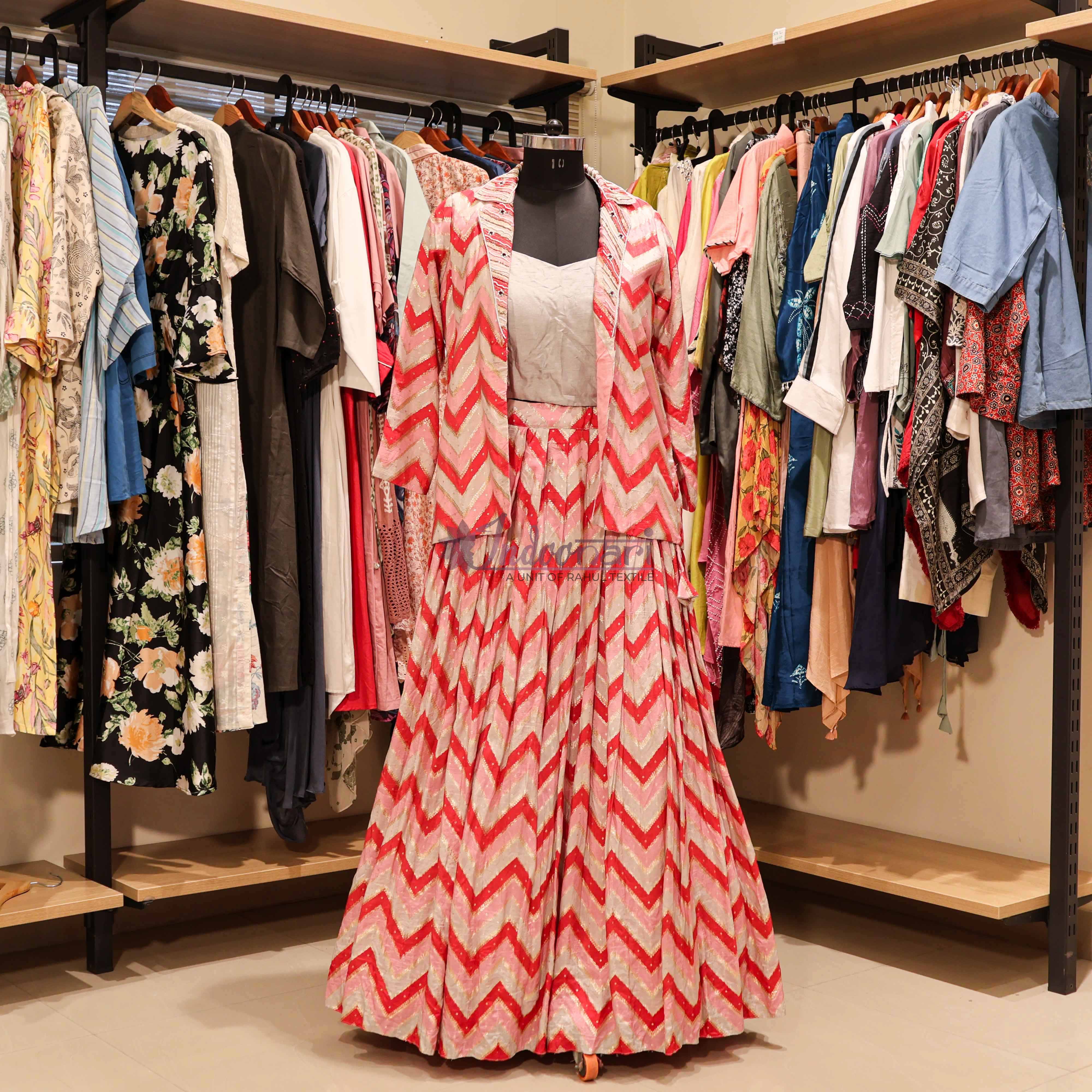 StyleNest - Festive Wear Chevron Print Lehenga Set – Red & White