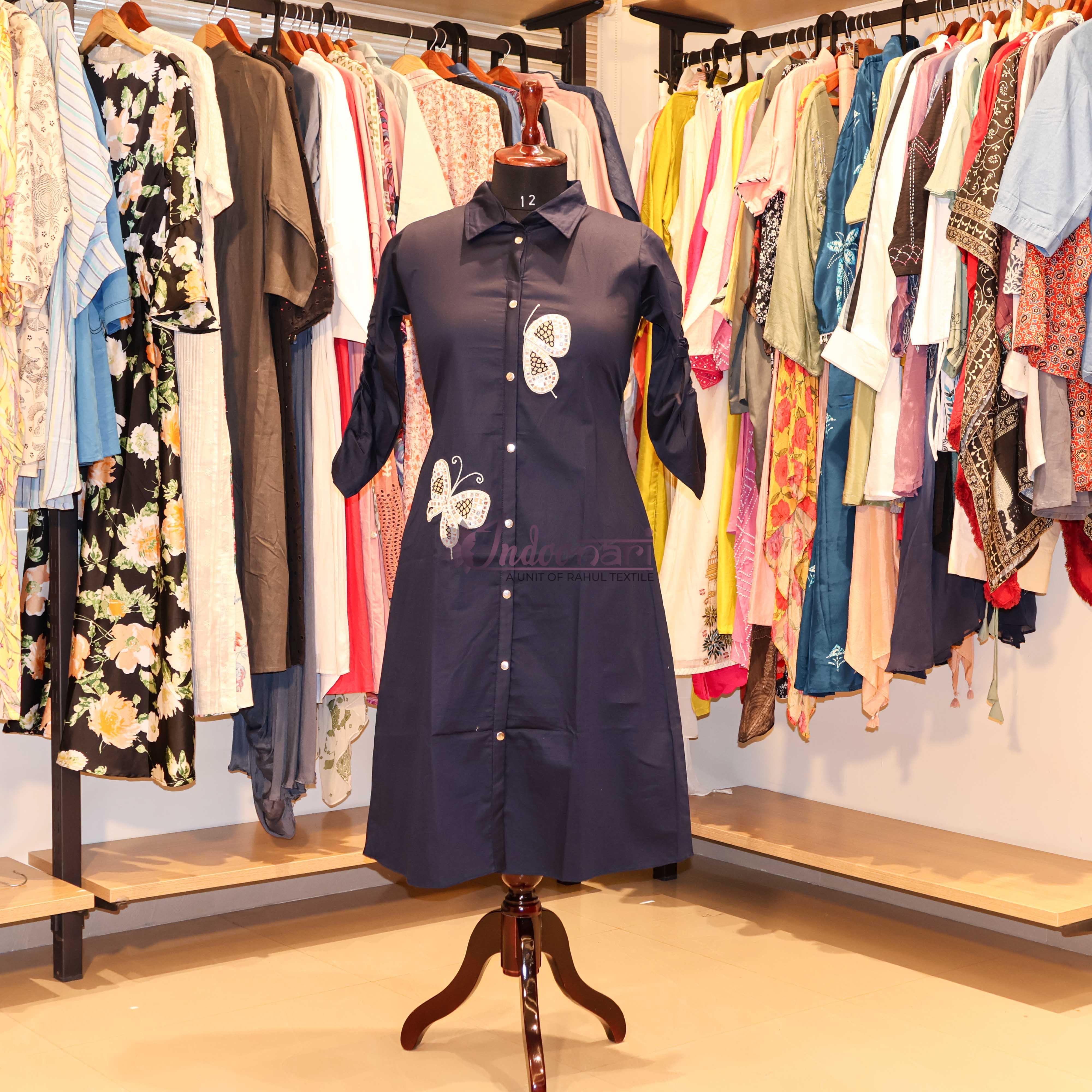 StyleNest - Casual Wear Shirt Dress with Butterfly Appliques – Navy