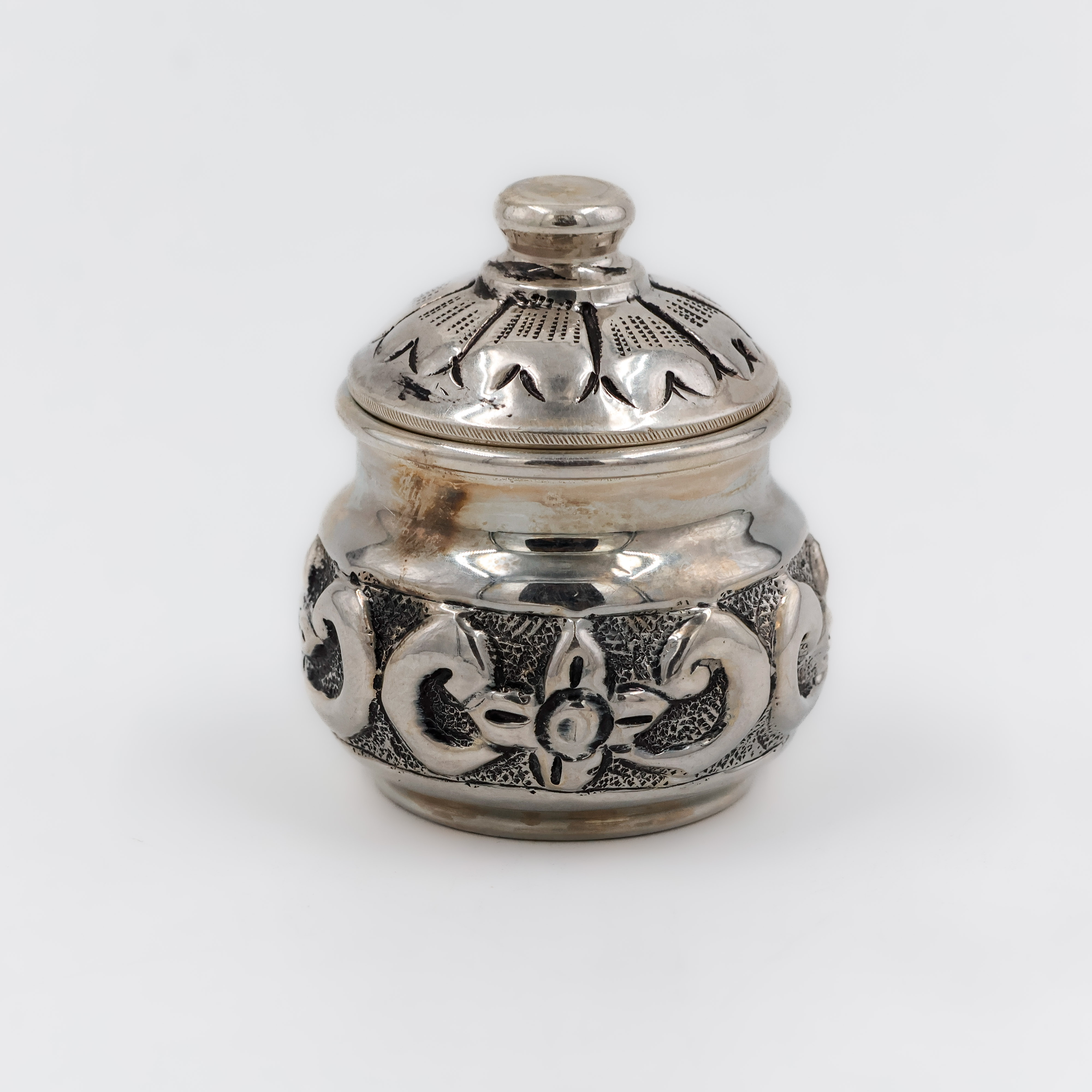 Antique Floral Silver Kumkum Box - 