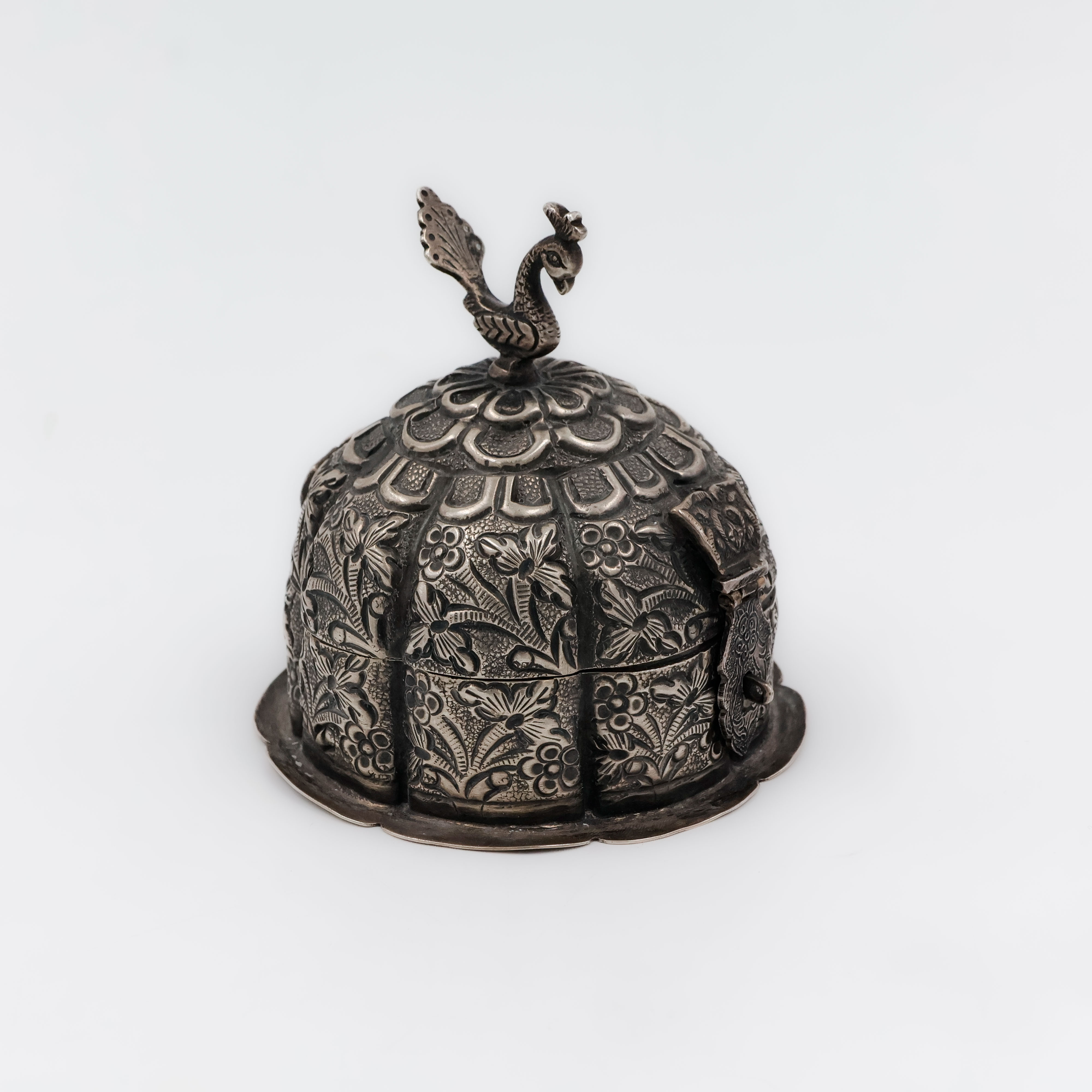 Peacock Dome Silver Kumkum Box - 