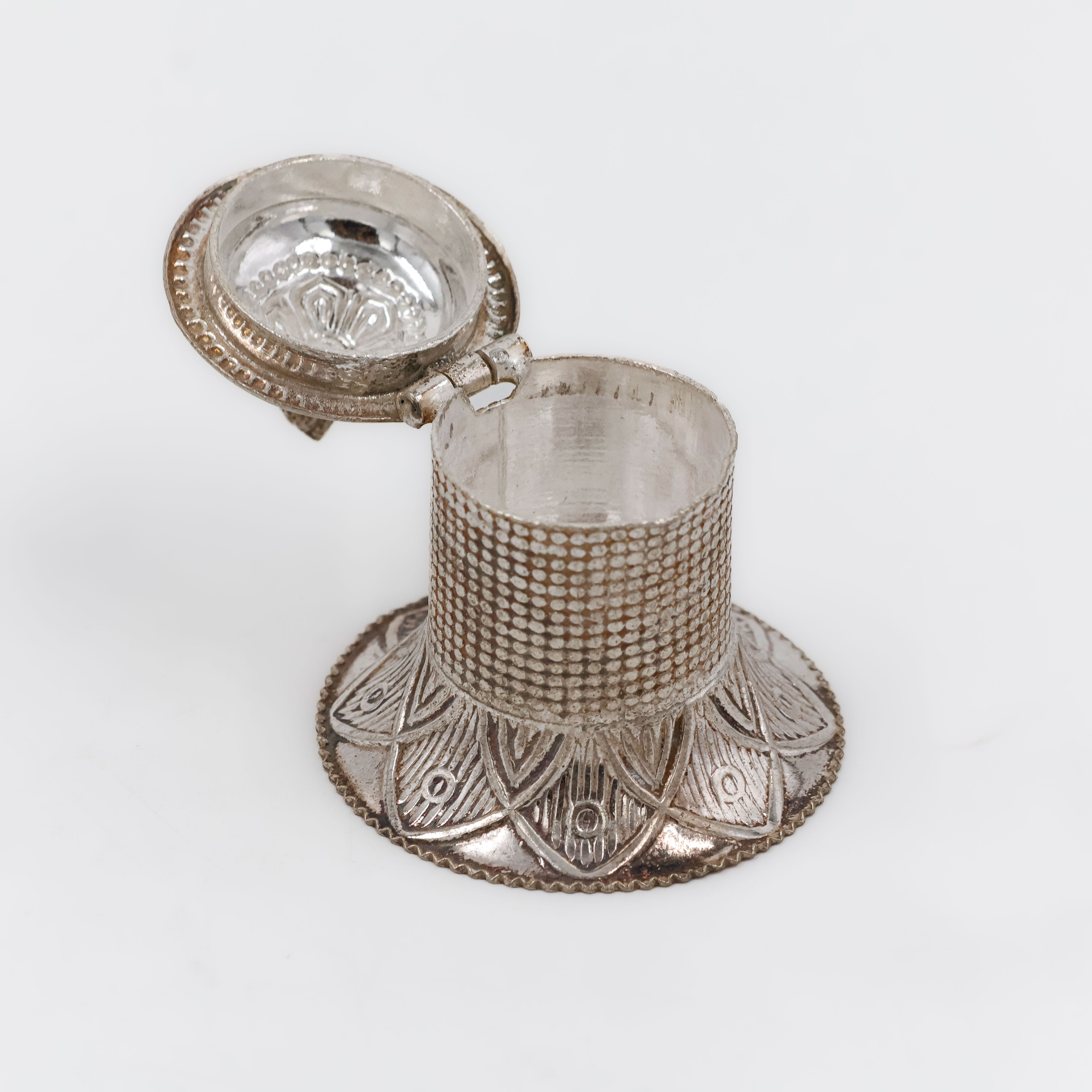 Textured Pillar-Style Silver Kumkum Box - 