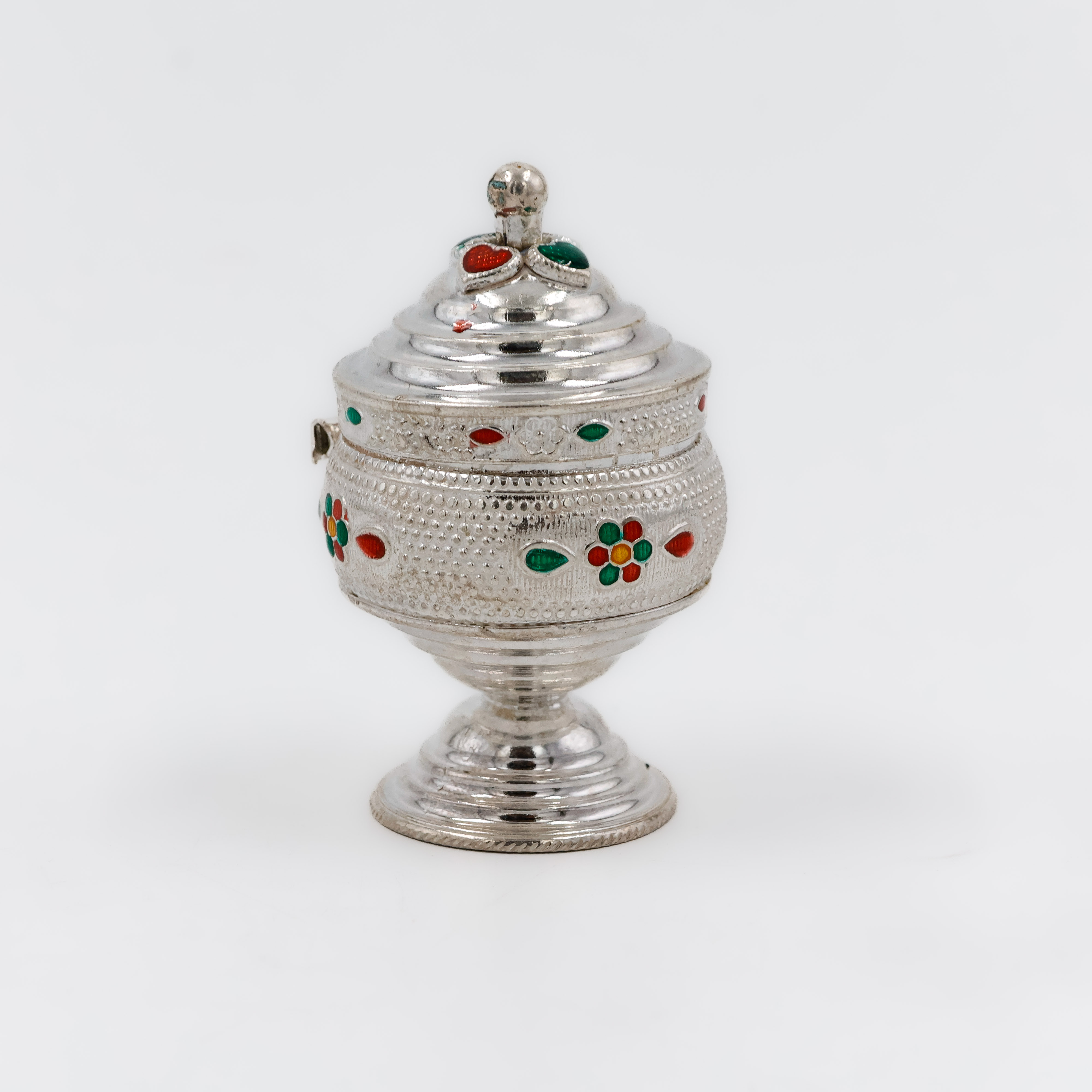 Designer Floral Stone Silver Kumkum Box - 
