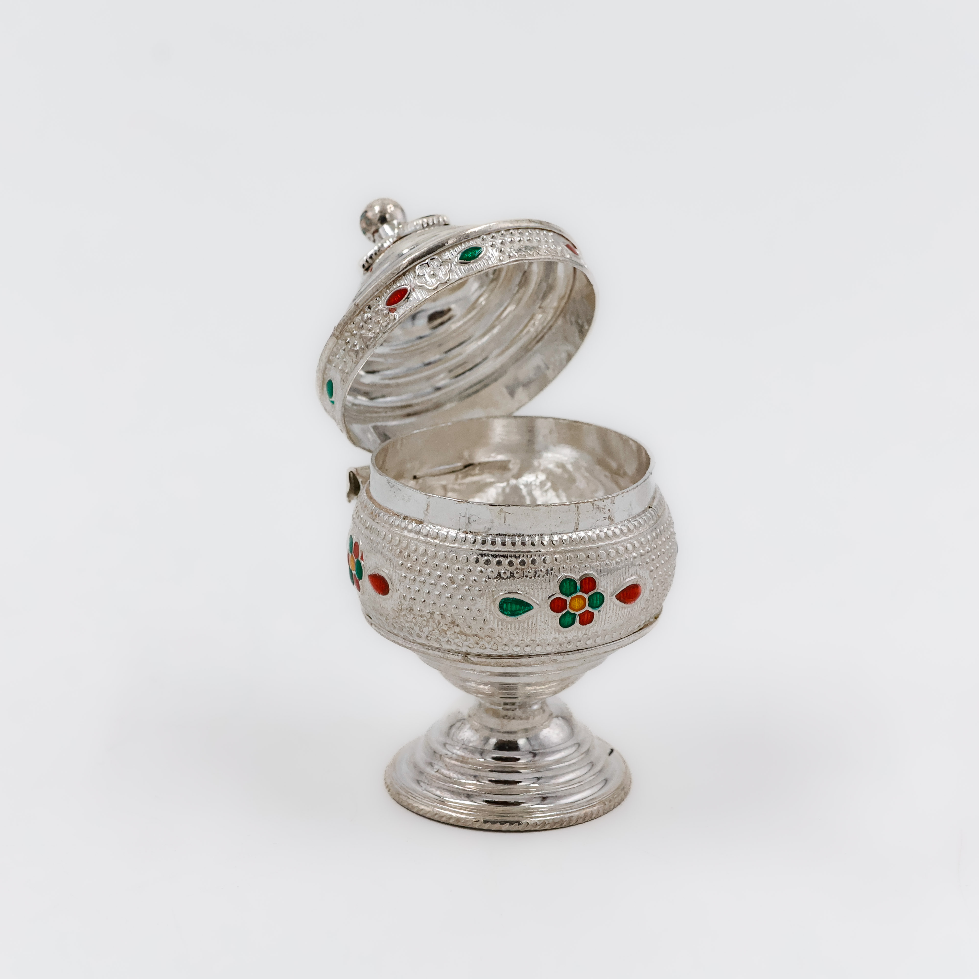 Designer Floral Stone Silver Kumkum Box - 
