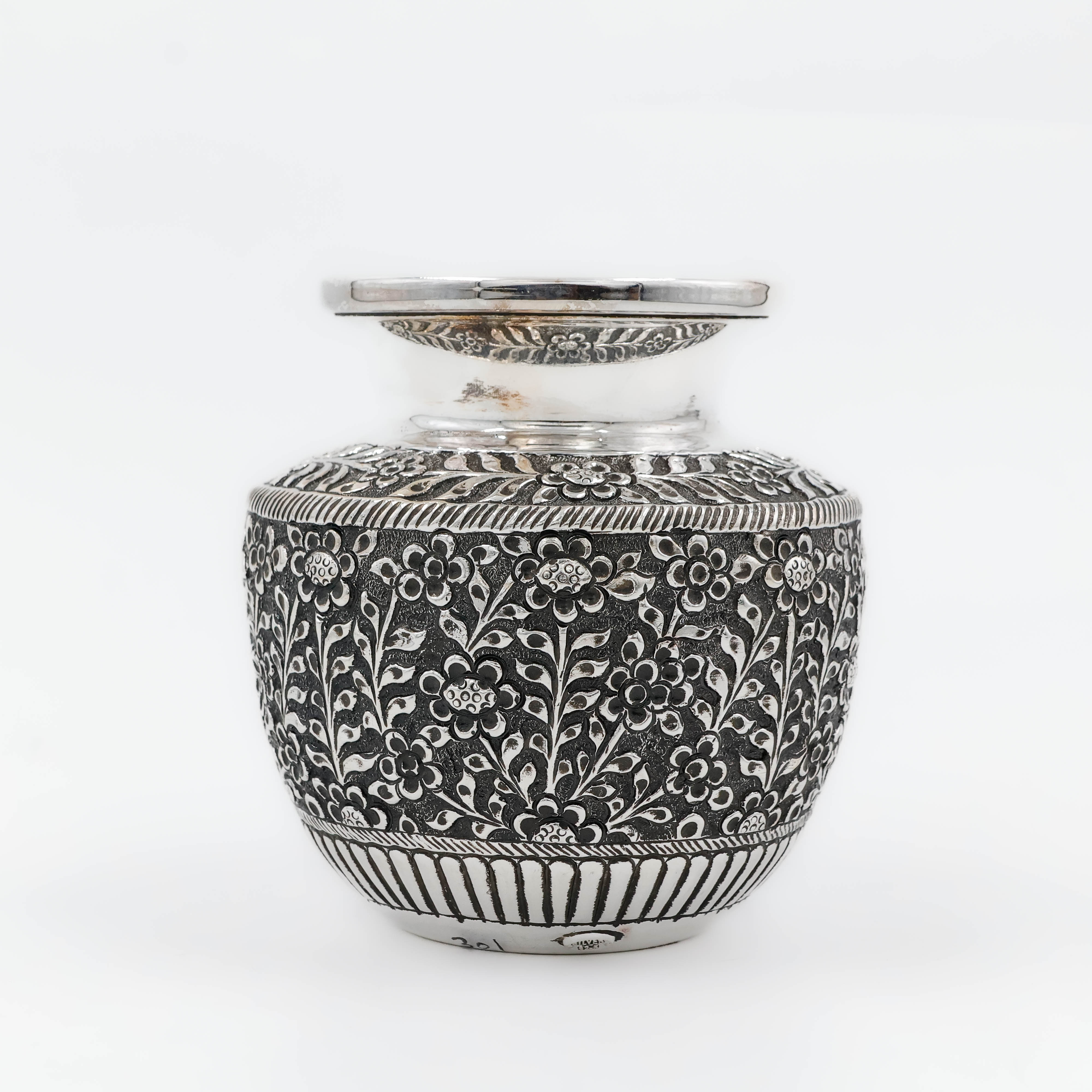 Floral Carved Antique Silver Lota - 