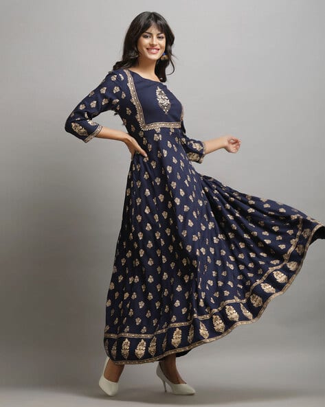 Urban Attic - Elegant Navy Blue Golden Foil Print Anarkali Gown
