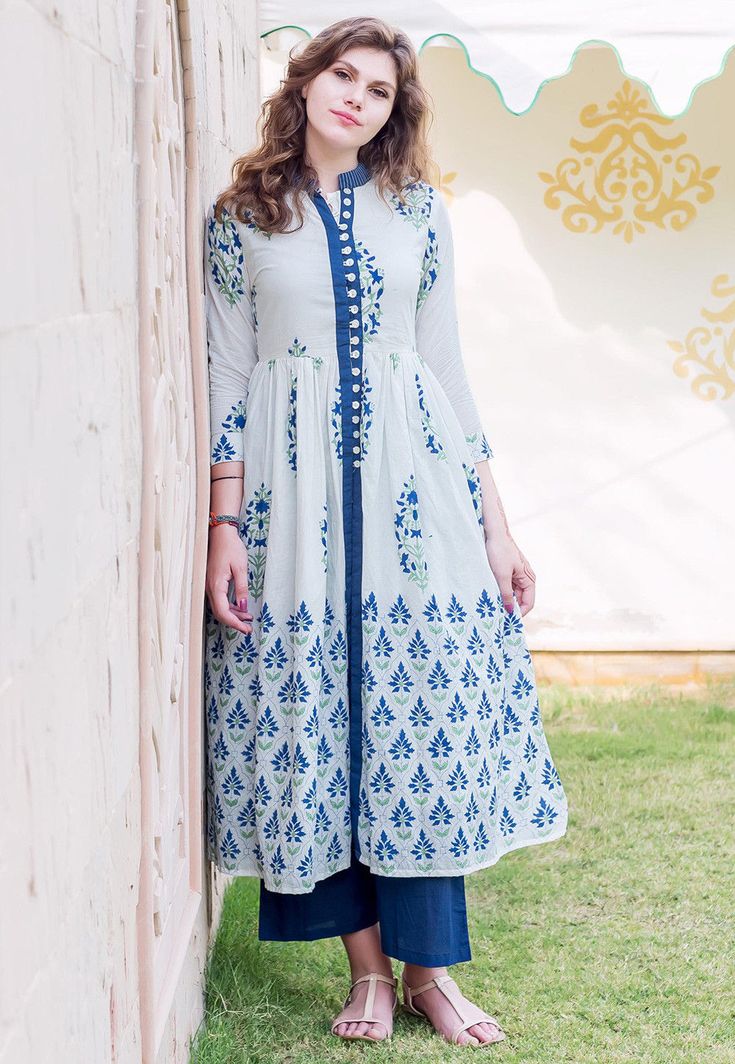 Urban Attic - Sky Blue & Navy Blue Floral Printed Flared Kurti