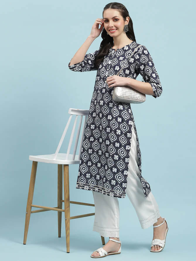 Urban Attic - Indigo Blue & White Geometric Printed Straight Kurti