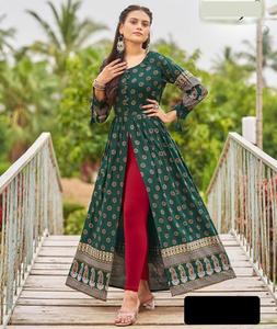 Urban Attic - Dark Green Printed Front-Slit Anarkali Kurti