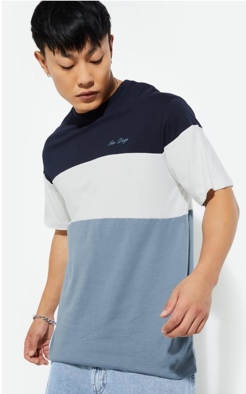 Round Neck T Shirt Blue Black White Combo