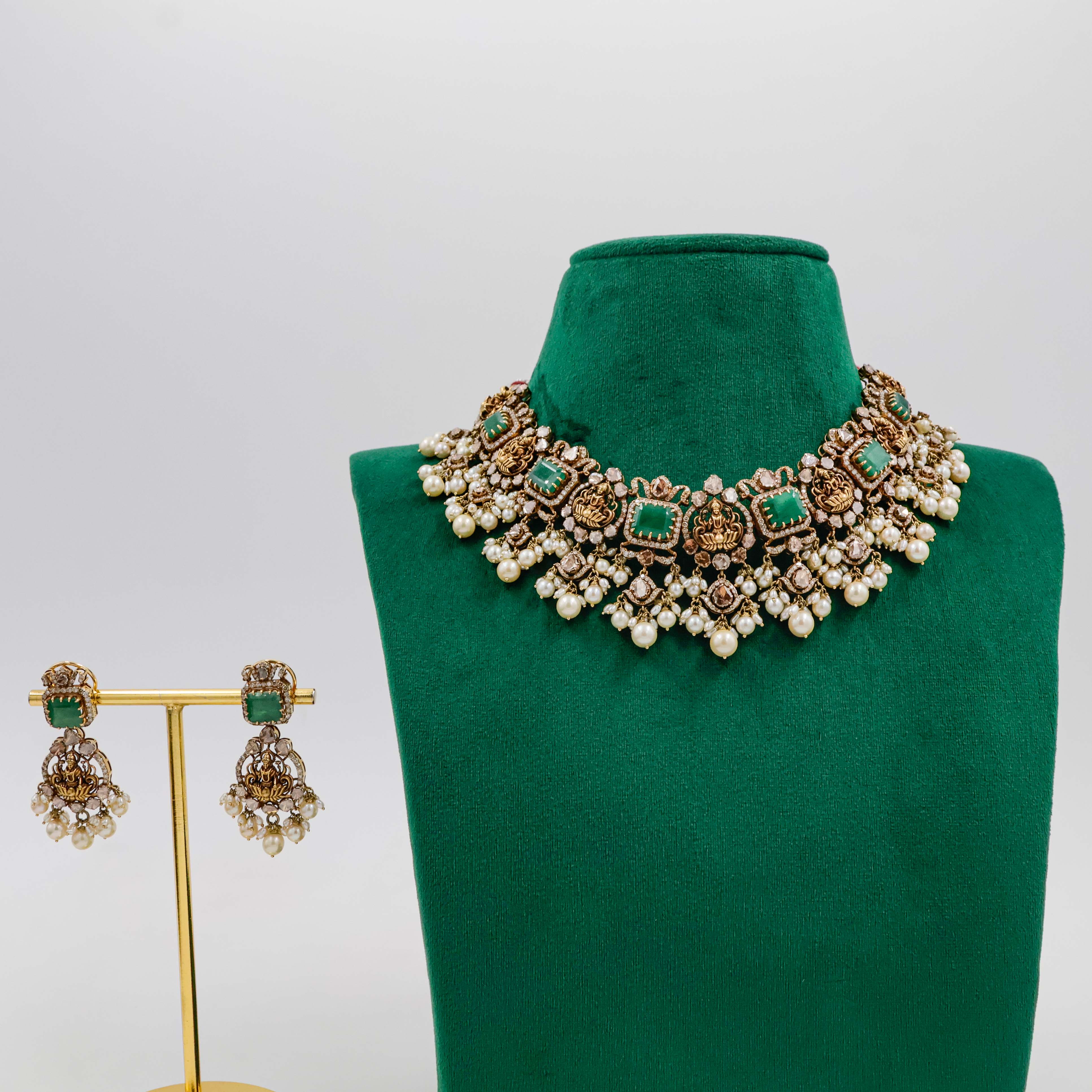 Varahi Jewels - Antique Finish Gold Necklace Set With Temple Design