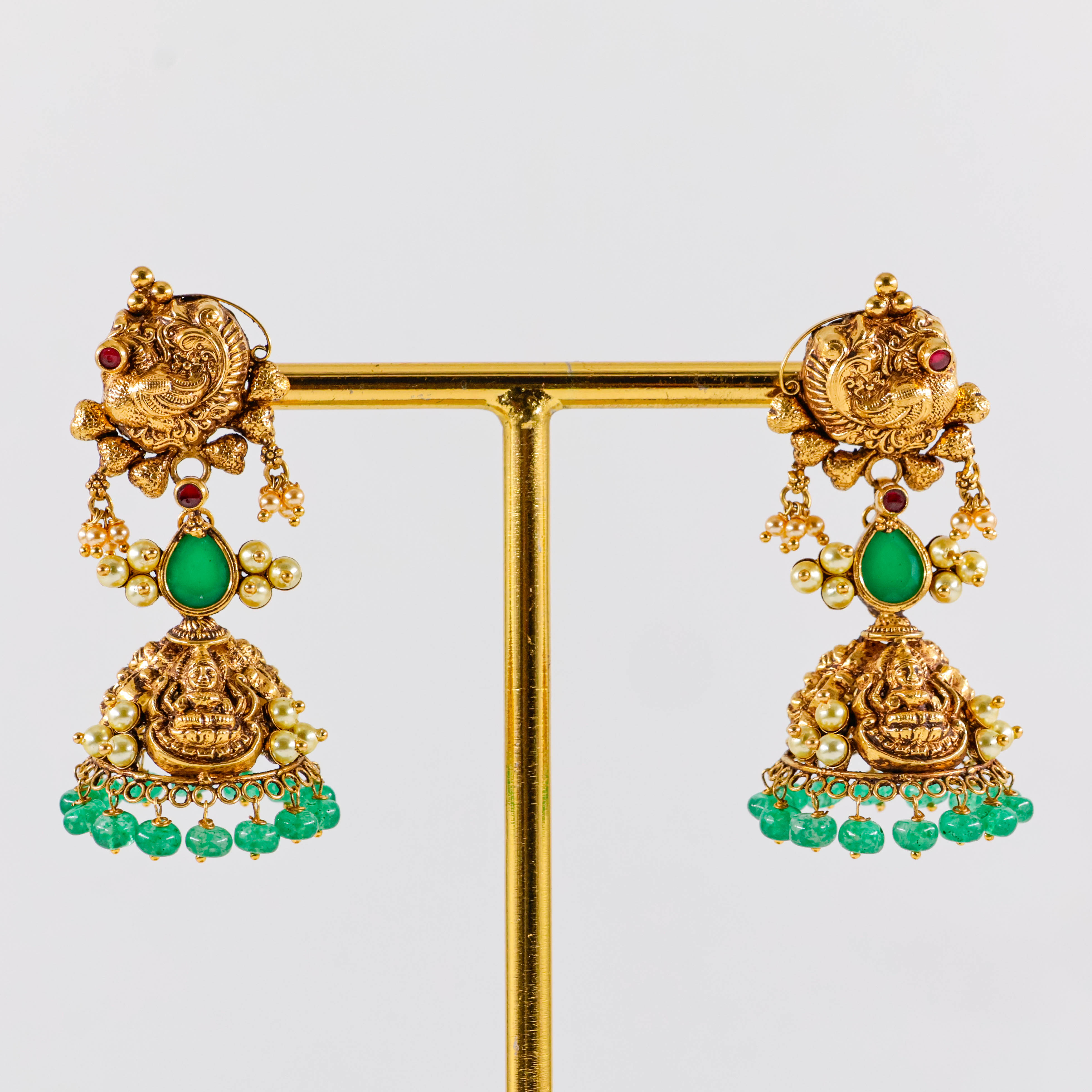 Varahi Jewels - Gold Jhumka With Green Beads