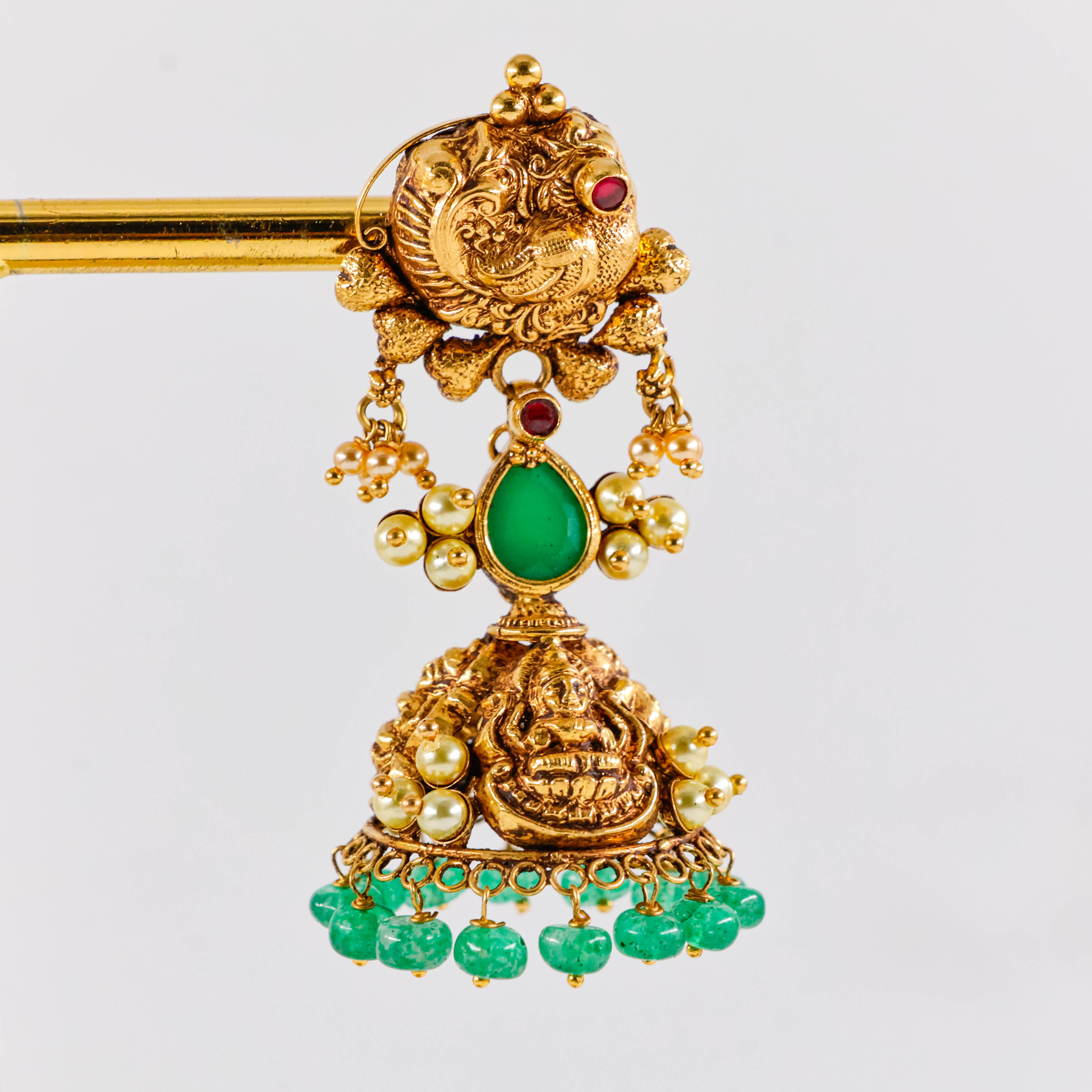Varahi Jewels - Gold Jhumka With Green Beads
