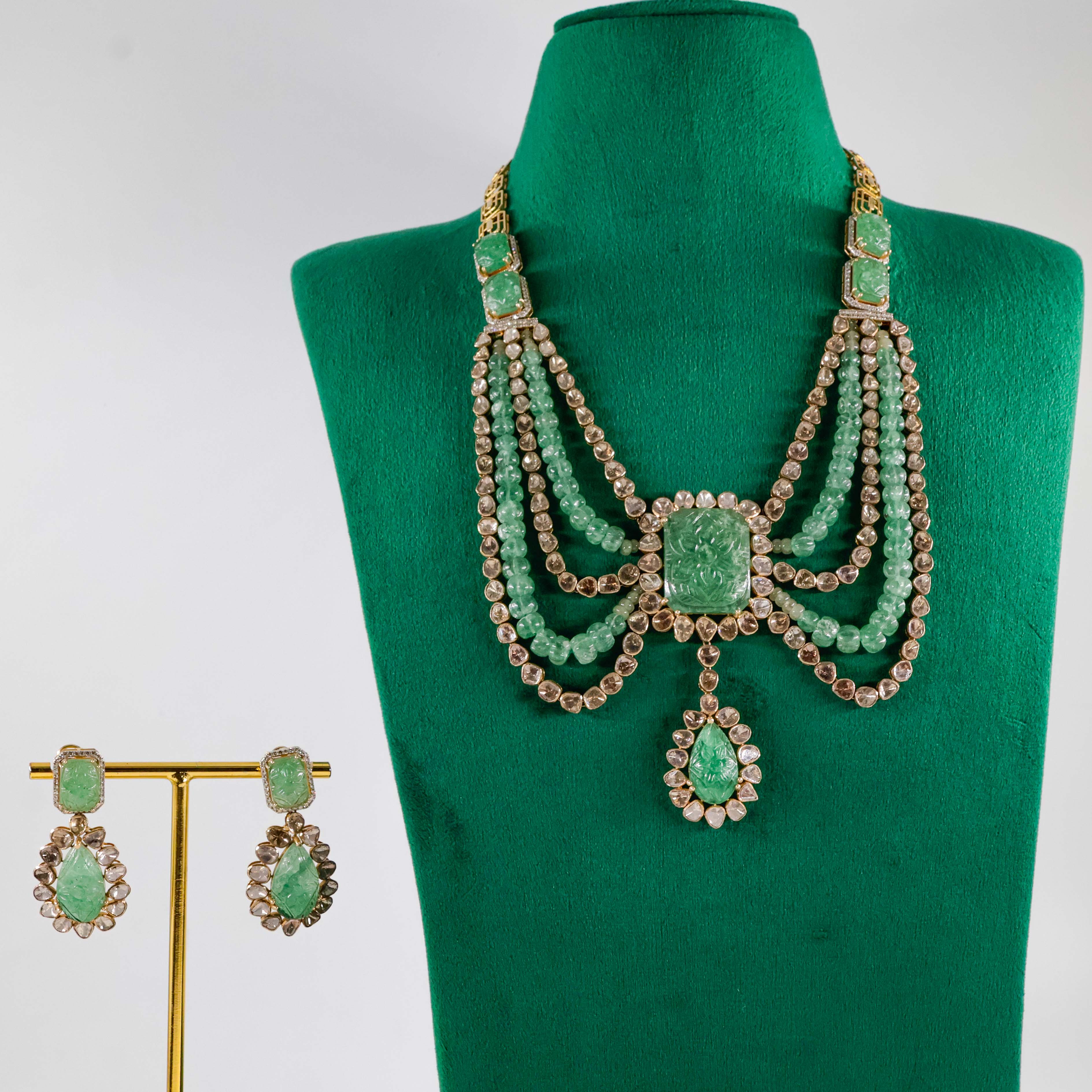 Varahi Jewels - Gold Designer Necklace With Green Stone Pendent And Earings