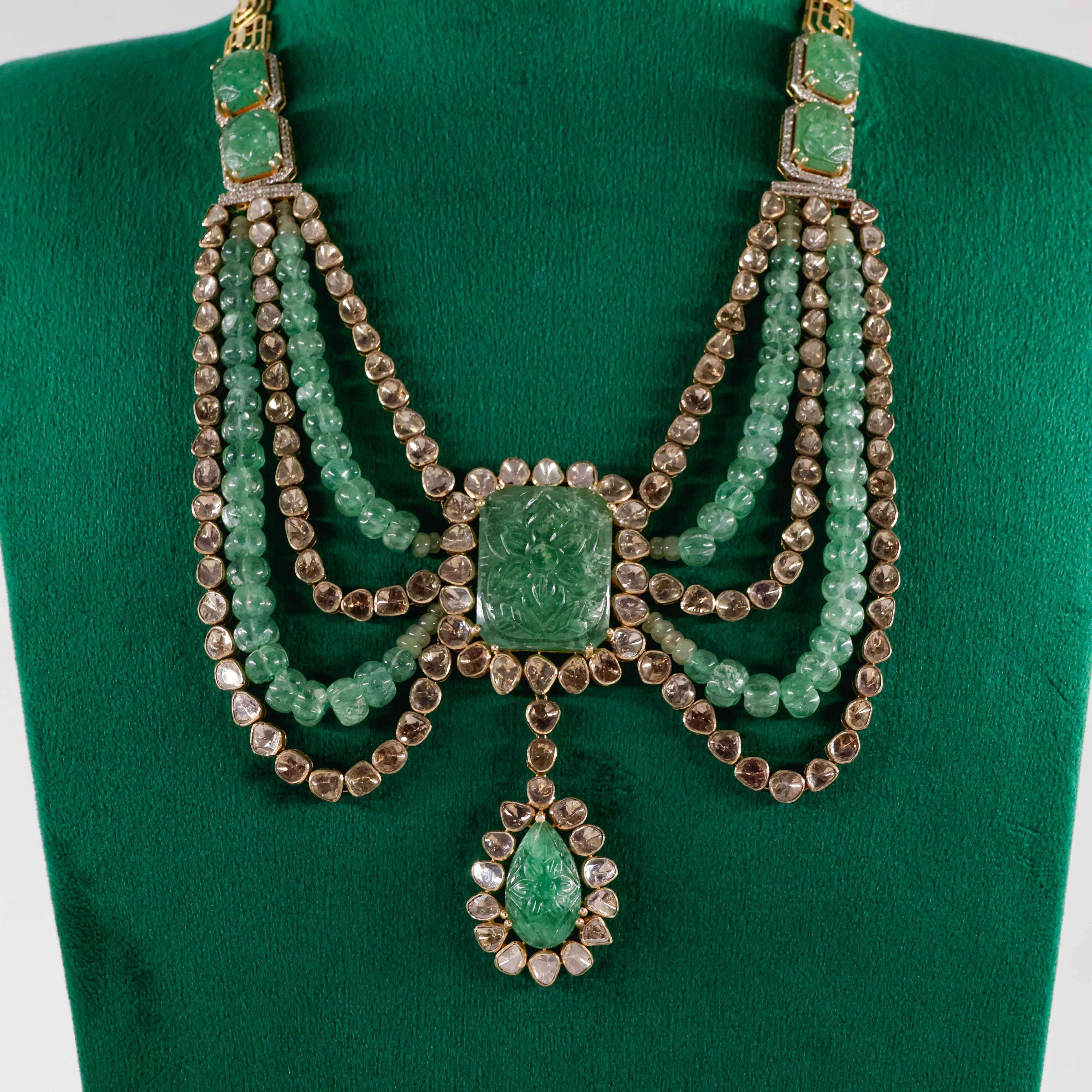 Varahi Jewels - Gold Designer Necklace With Green Stone Pendent And Earings