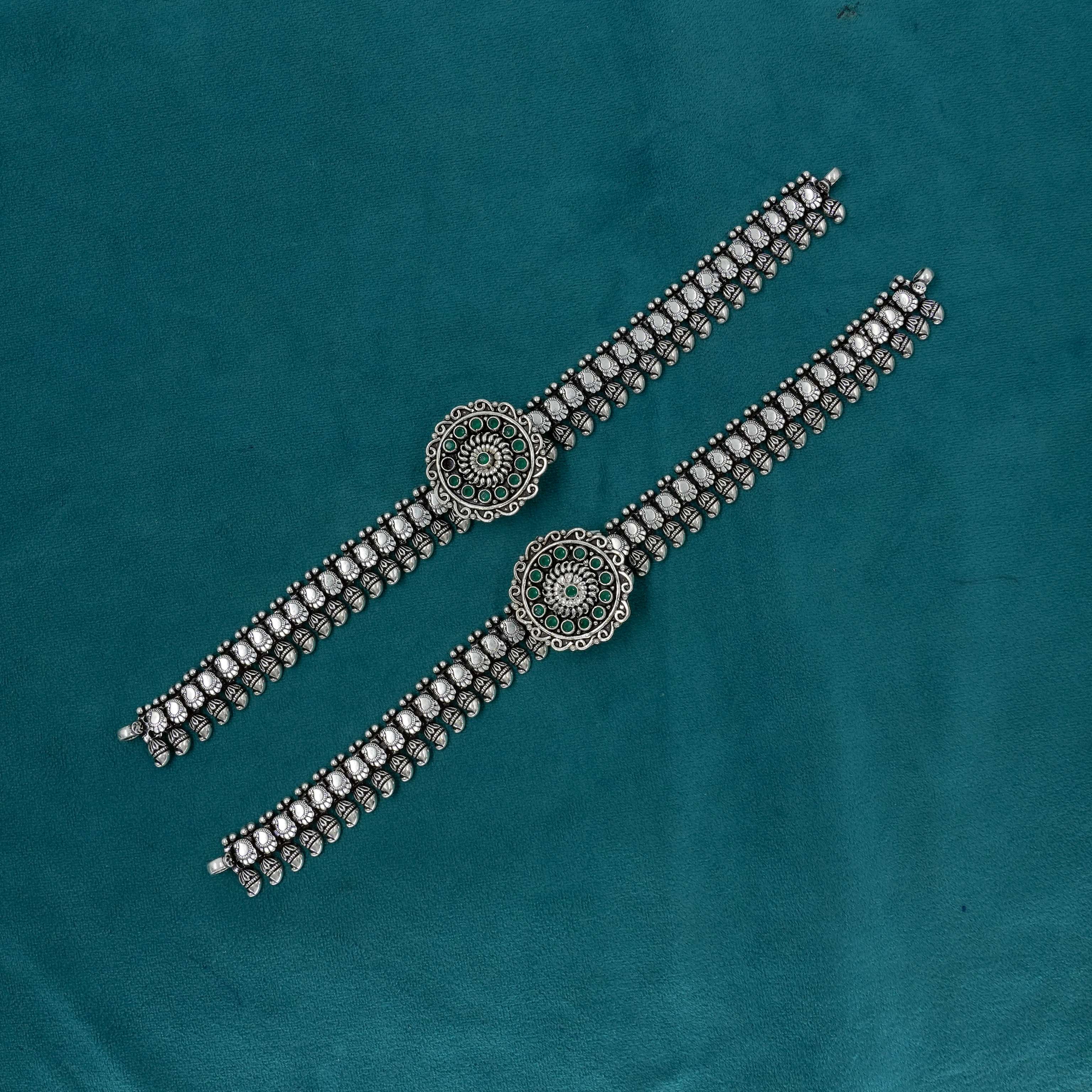 Ved Jewellers - Silver Green Stone Payal