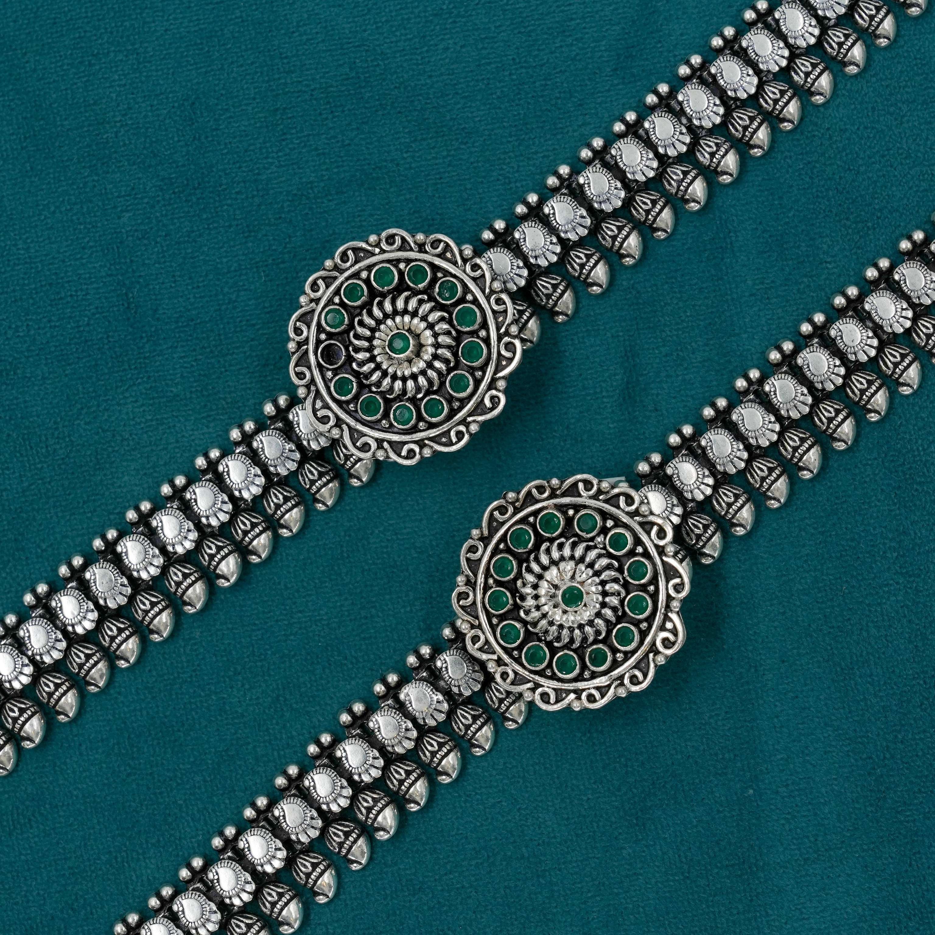 Ved Jewellers - Silver Green Stone Payal