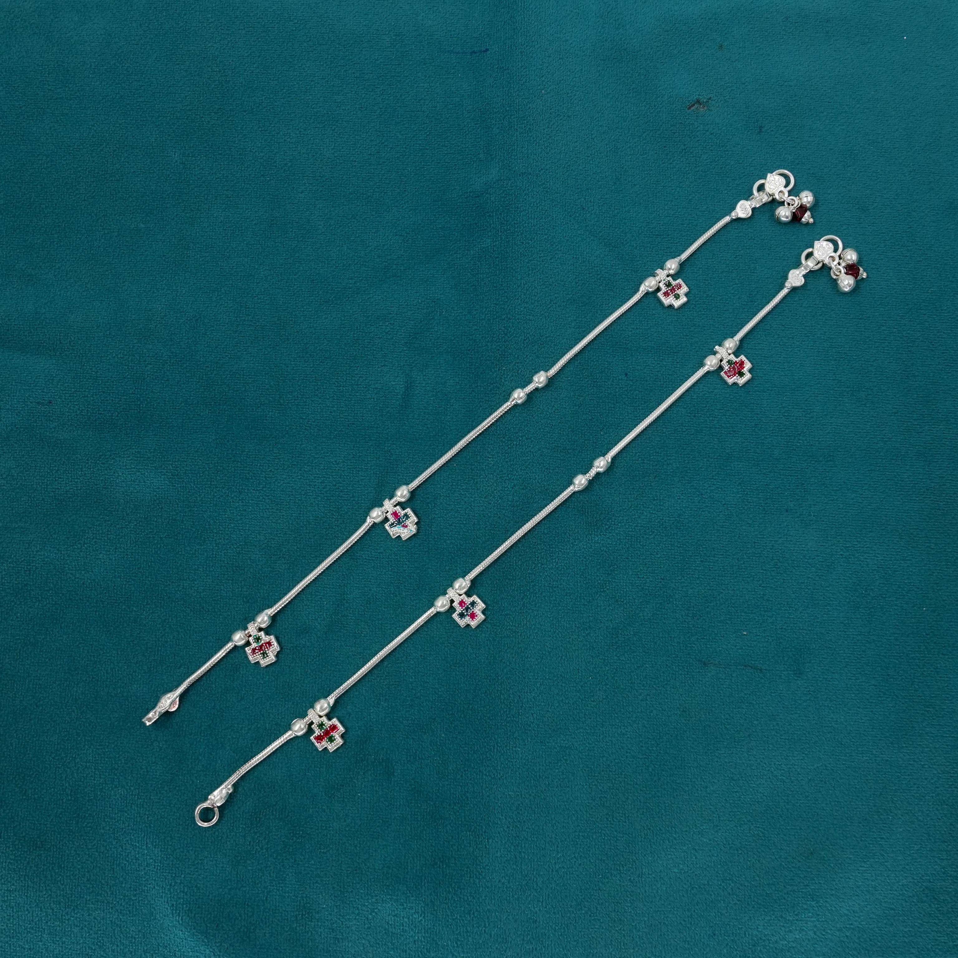 Ved Jewellers - Silver Anklets Red Green