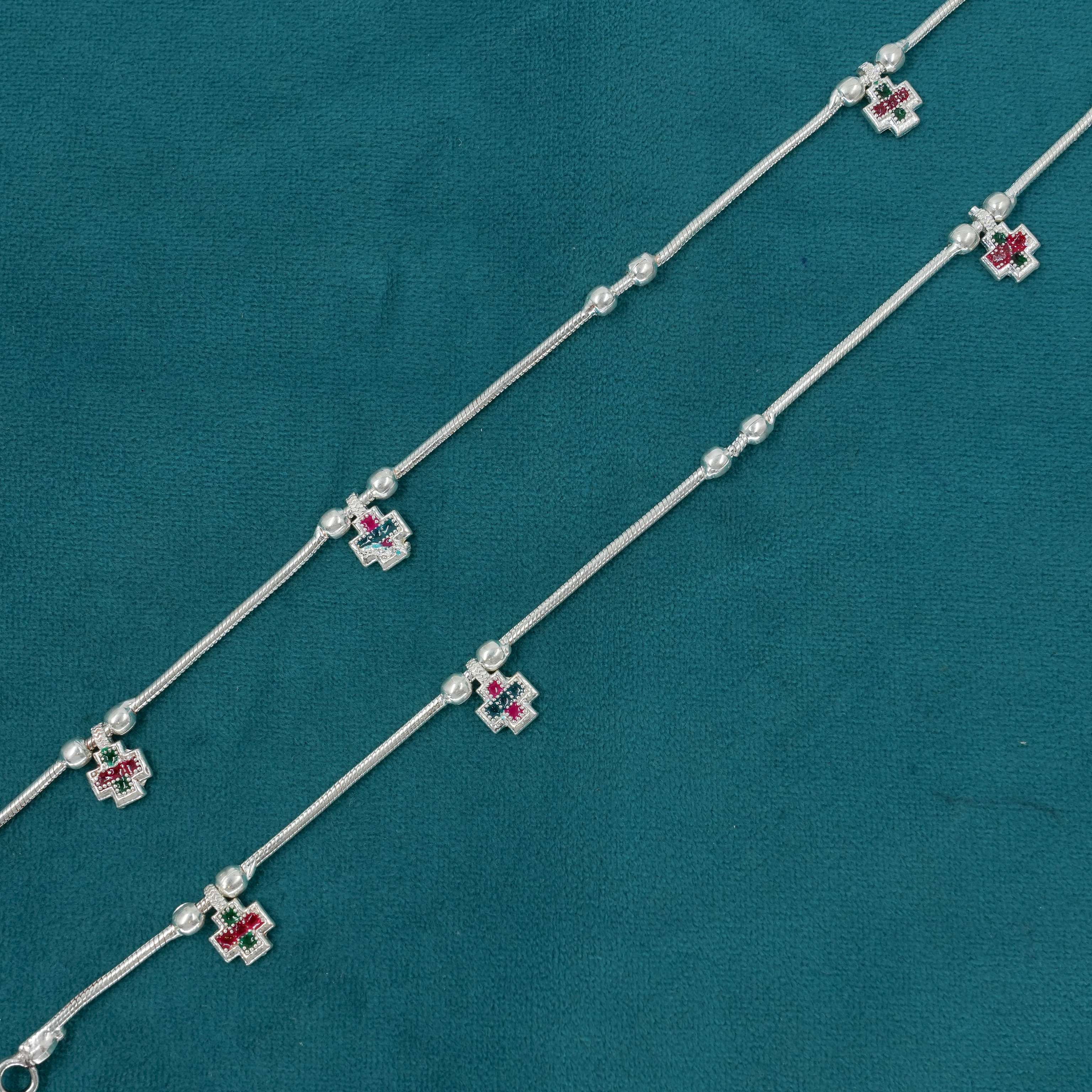Ved Jewellers - Silver Anklets Red Green