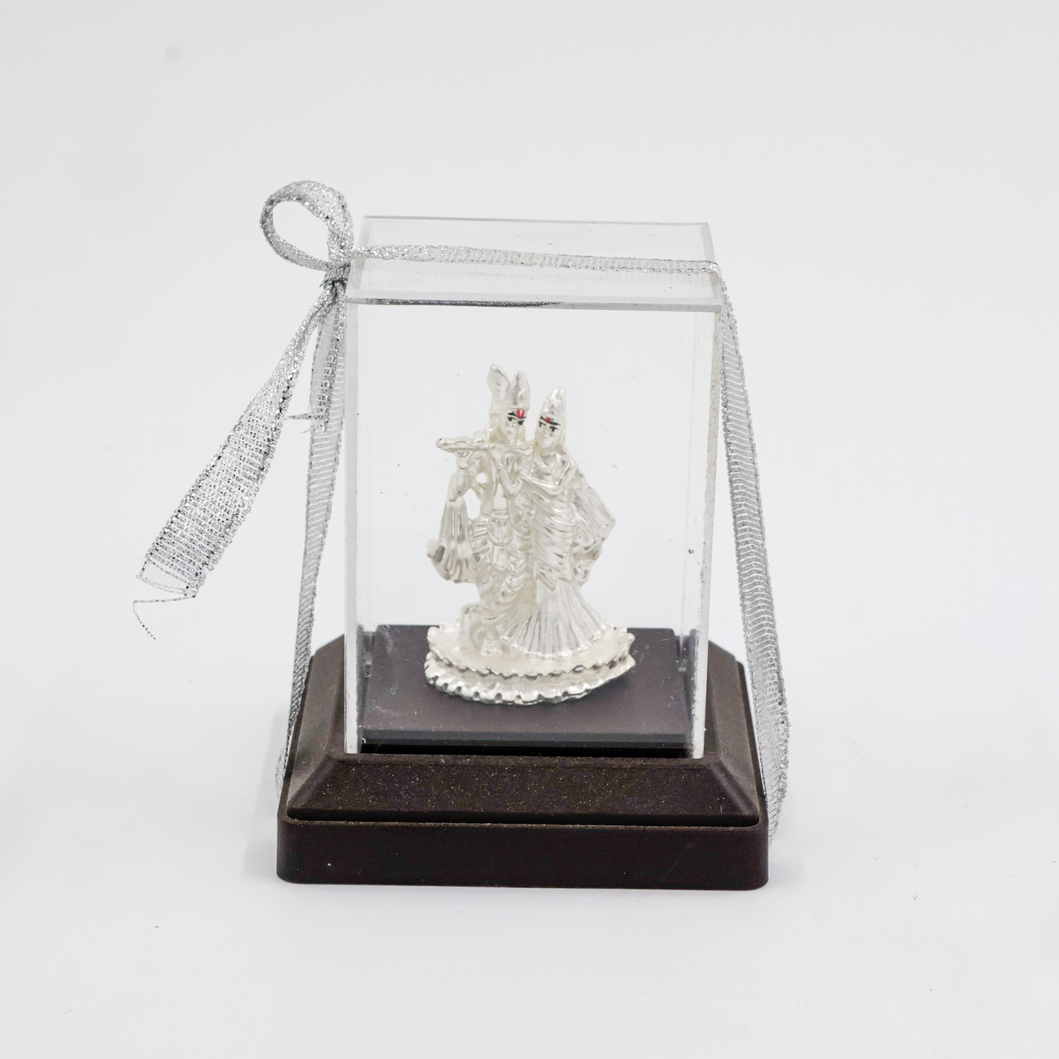 Silver Coated Radha Krishna With Cabinet