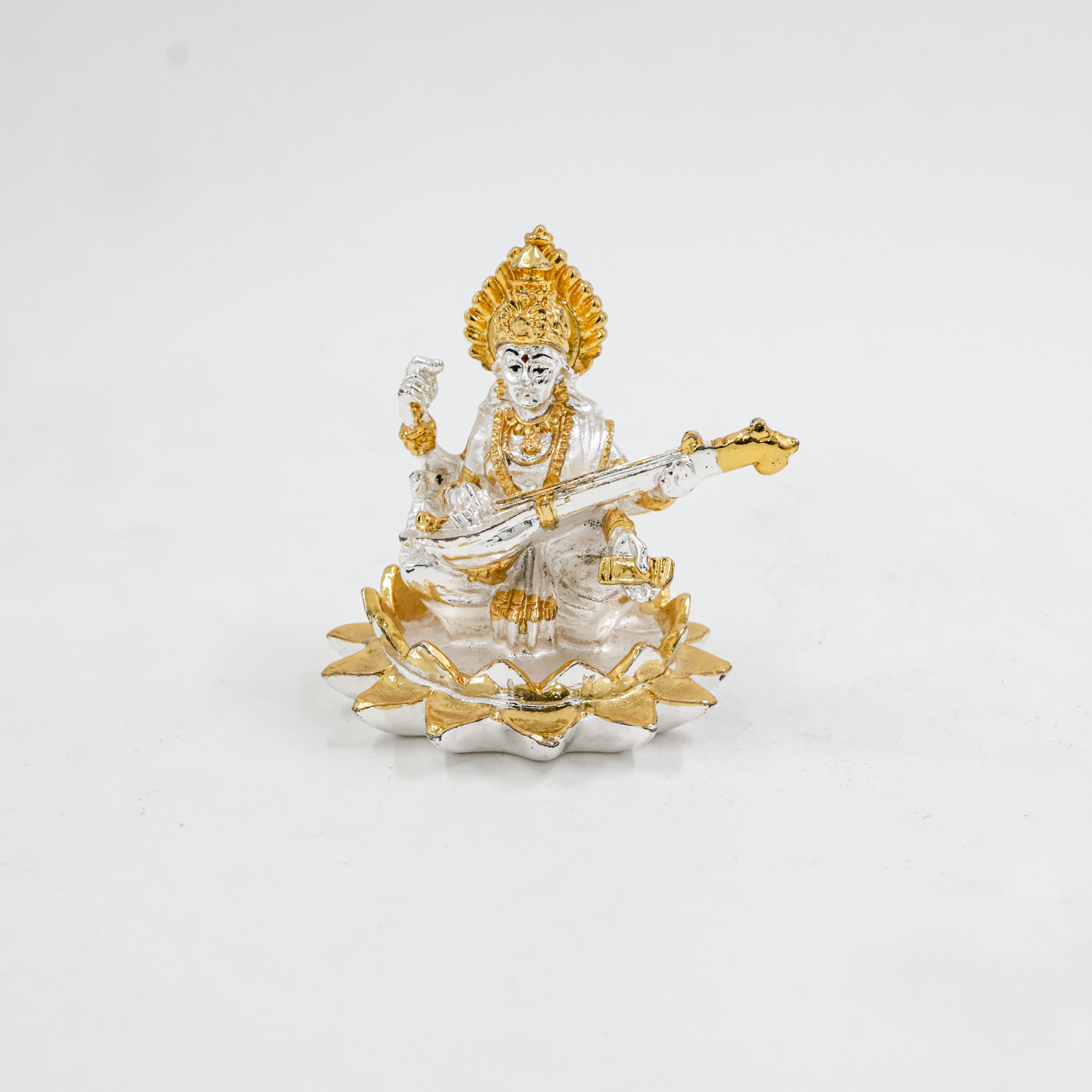 Silver Coated Saraswati With Lotus Idol