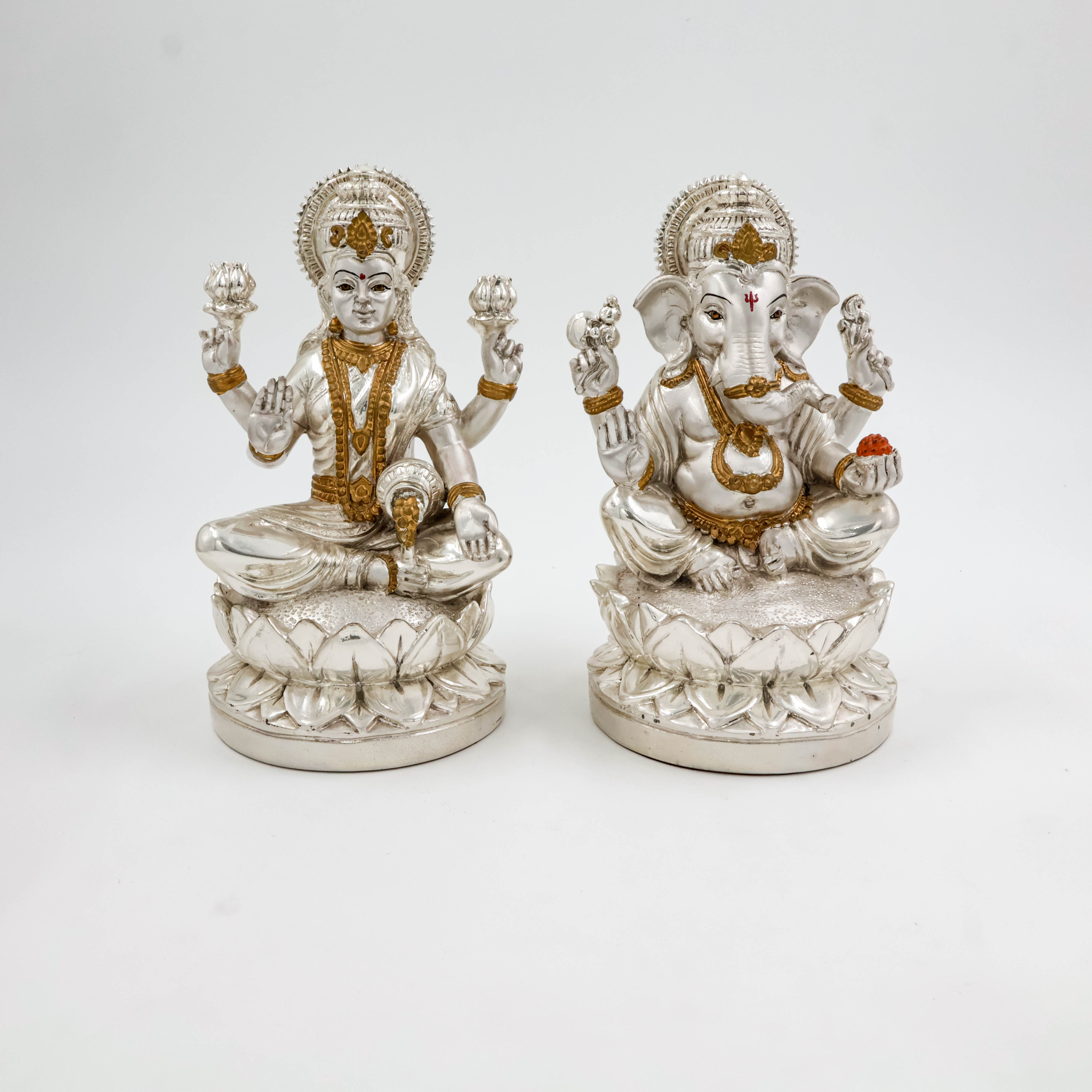 Silver Coated Lakshmi Ji With Ganesh Ji