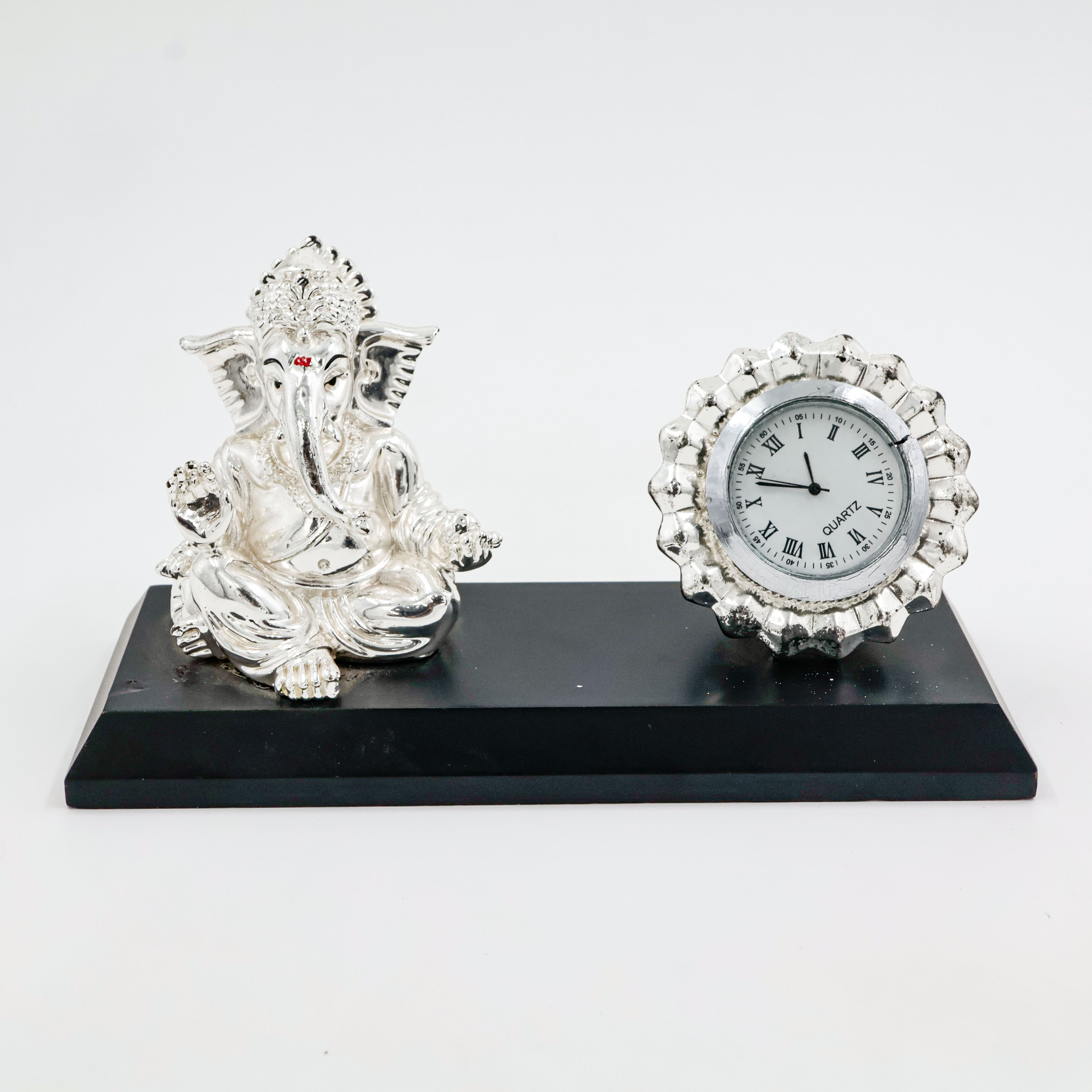 Silver Coated Ganesh Ji With Clock