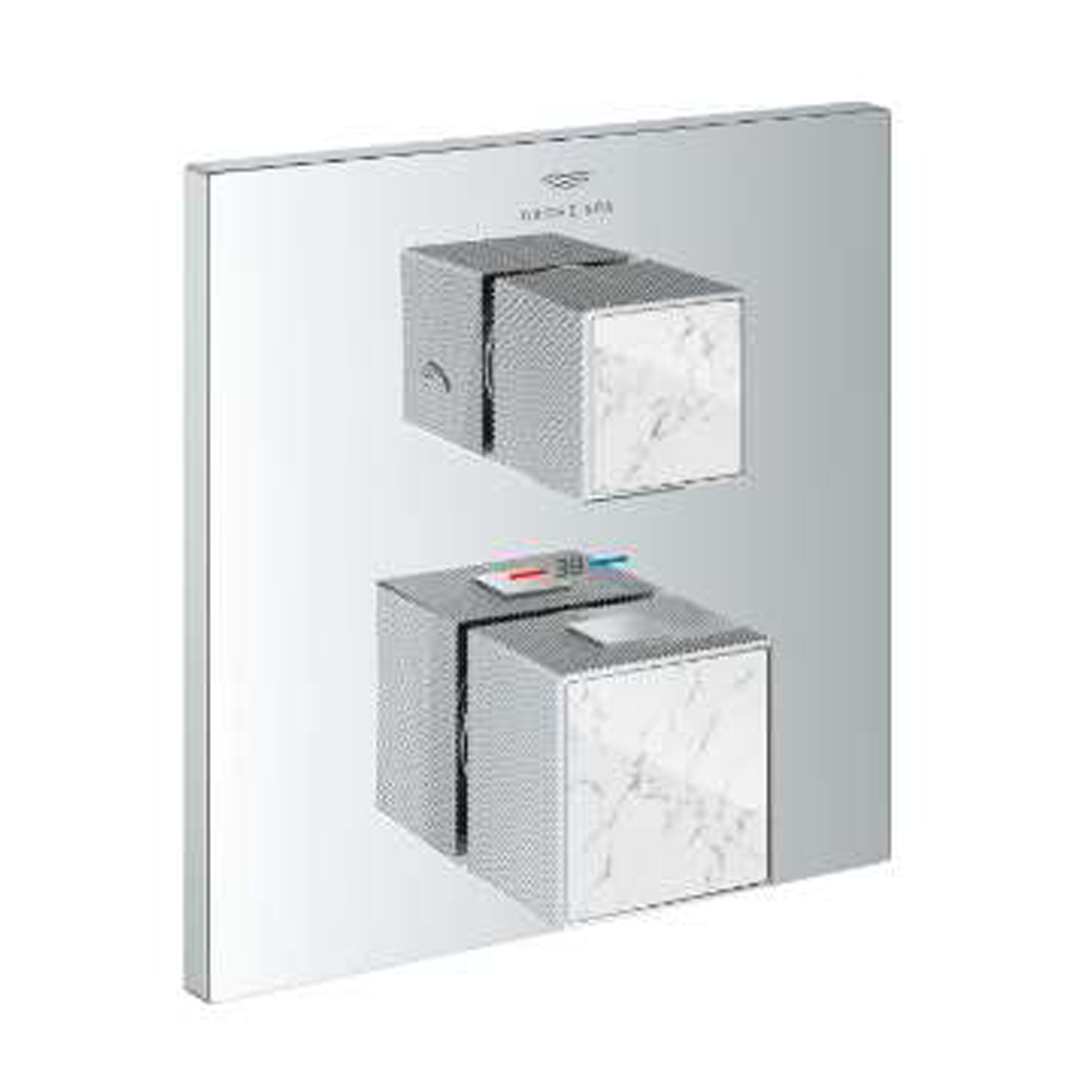 GROHE Grohtherm Cube Thermostatic Shower Mixer with 2 Outlets Chrome White Caesarstone Handle